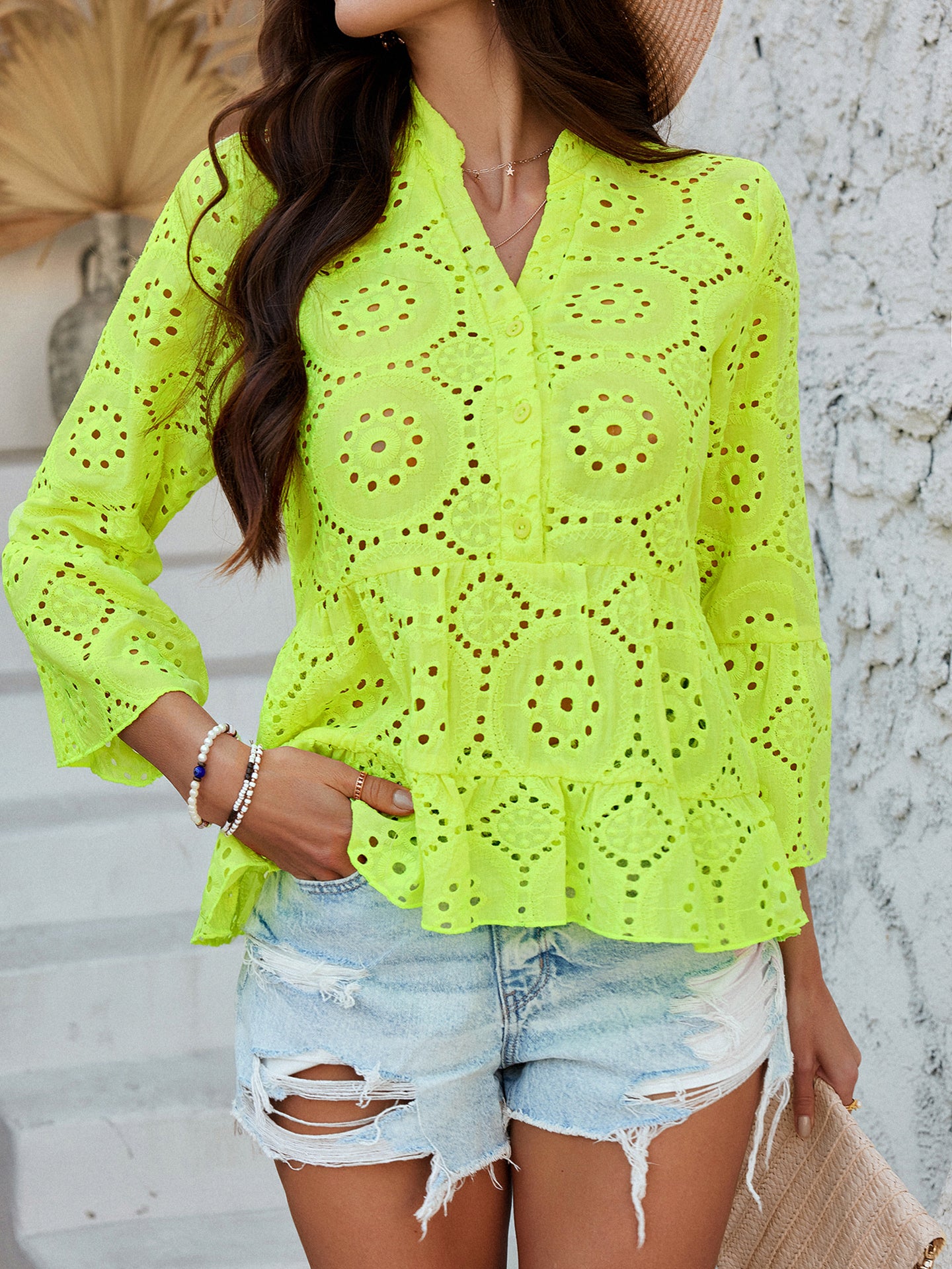 Women Solid Mandarine Collar Peplum Top