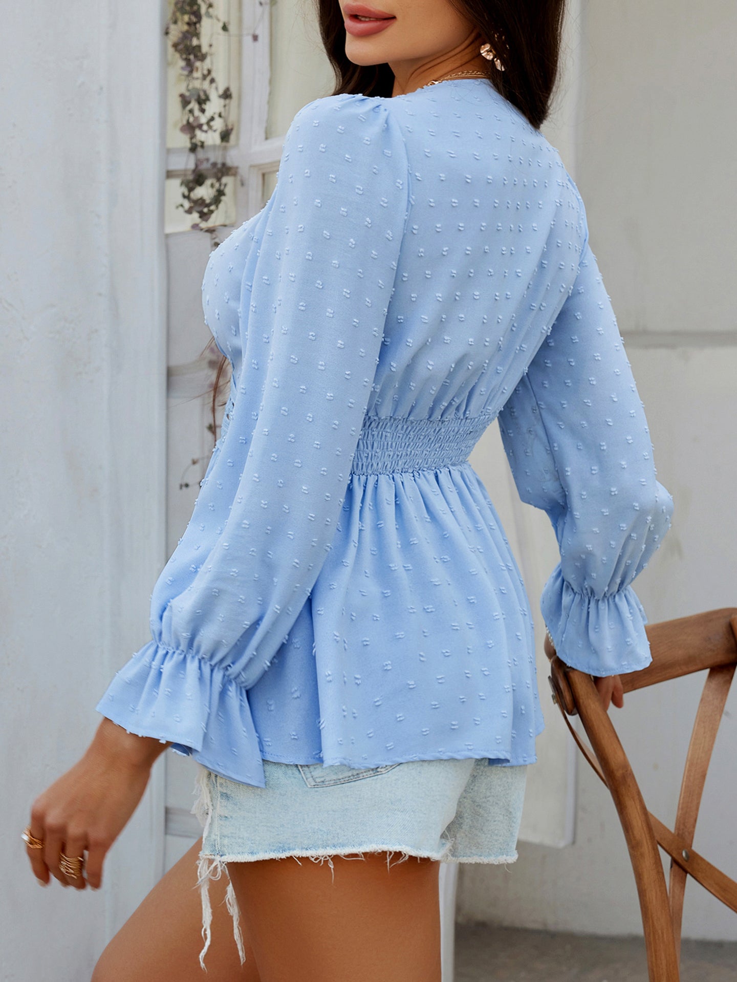 Women Lace-Up V-Neck Peplum Top