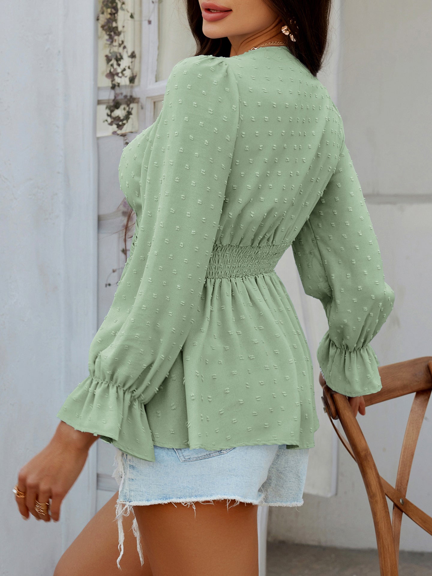 Cuffed Sleeve Waist Tie-Up Empire Top