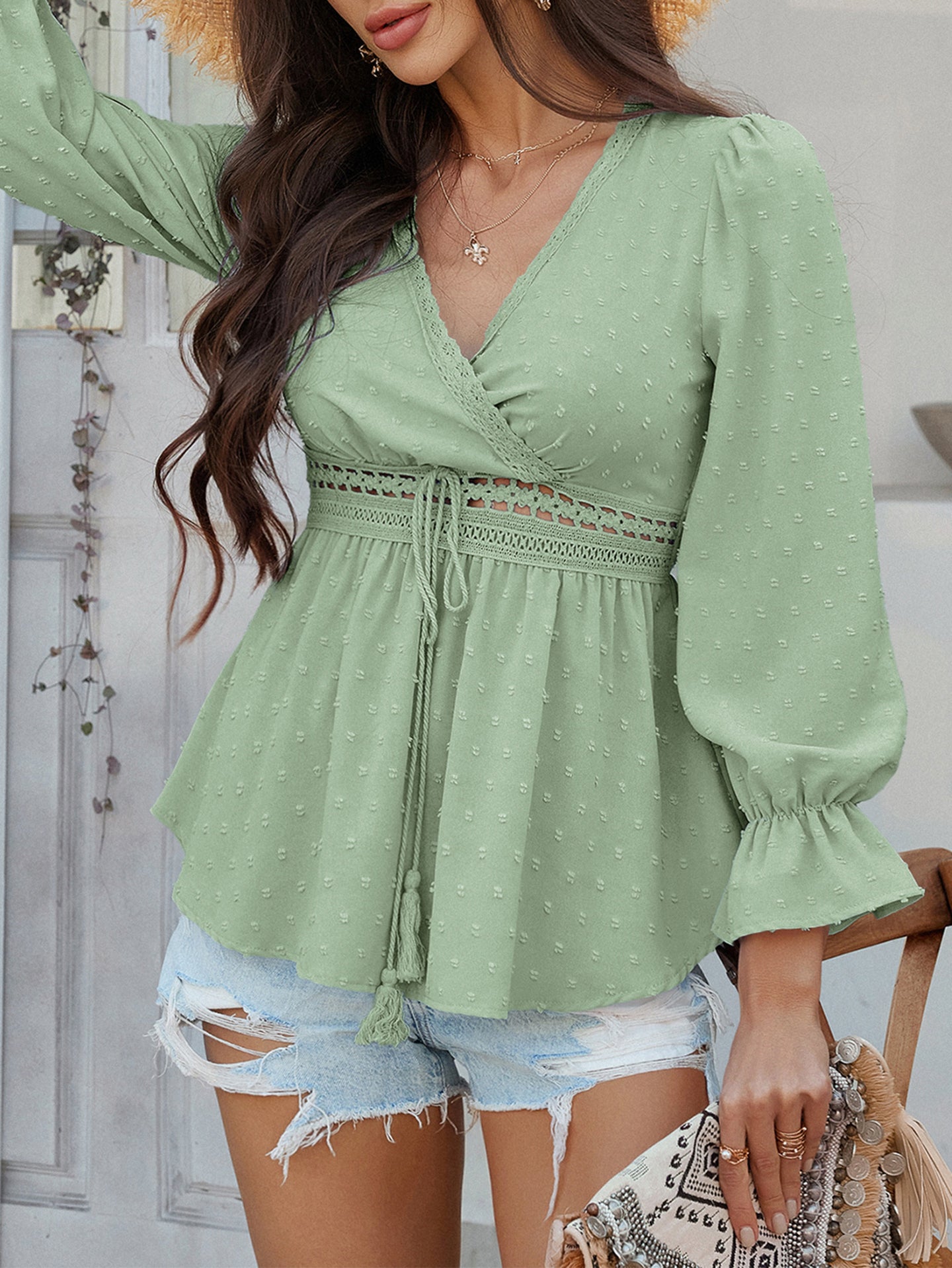 Cuffed Sleeve Waist Tie-Up Empire Top