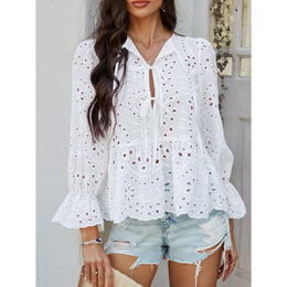 Women Bell Sleeves Tie-Up Neck Peplum Top