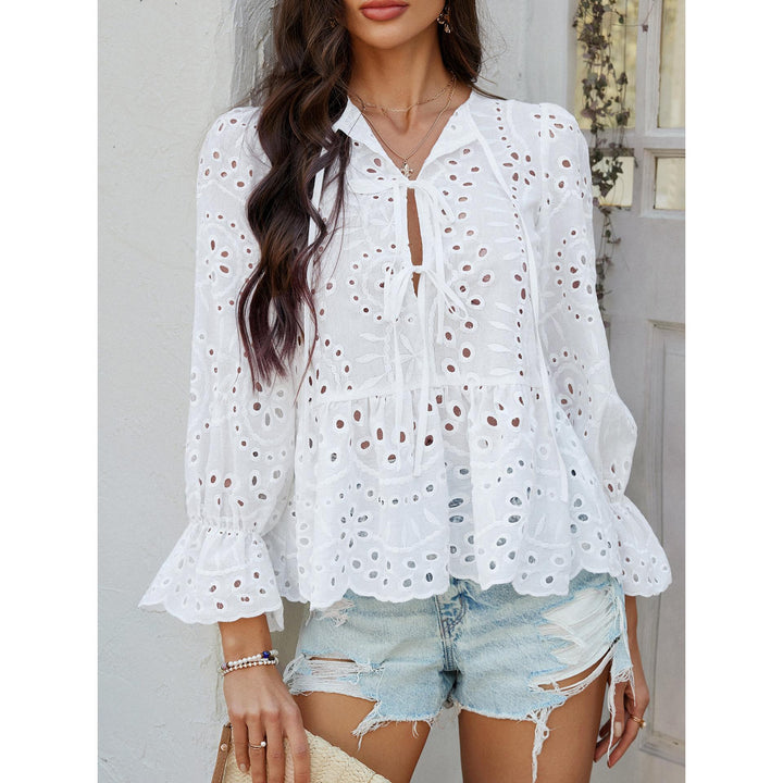 Women Bell Sleeves Tie-Up Neck Peplum Top