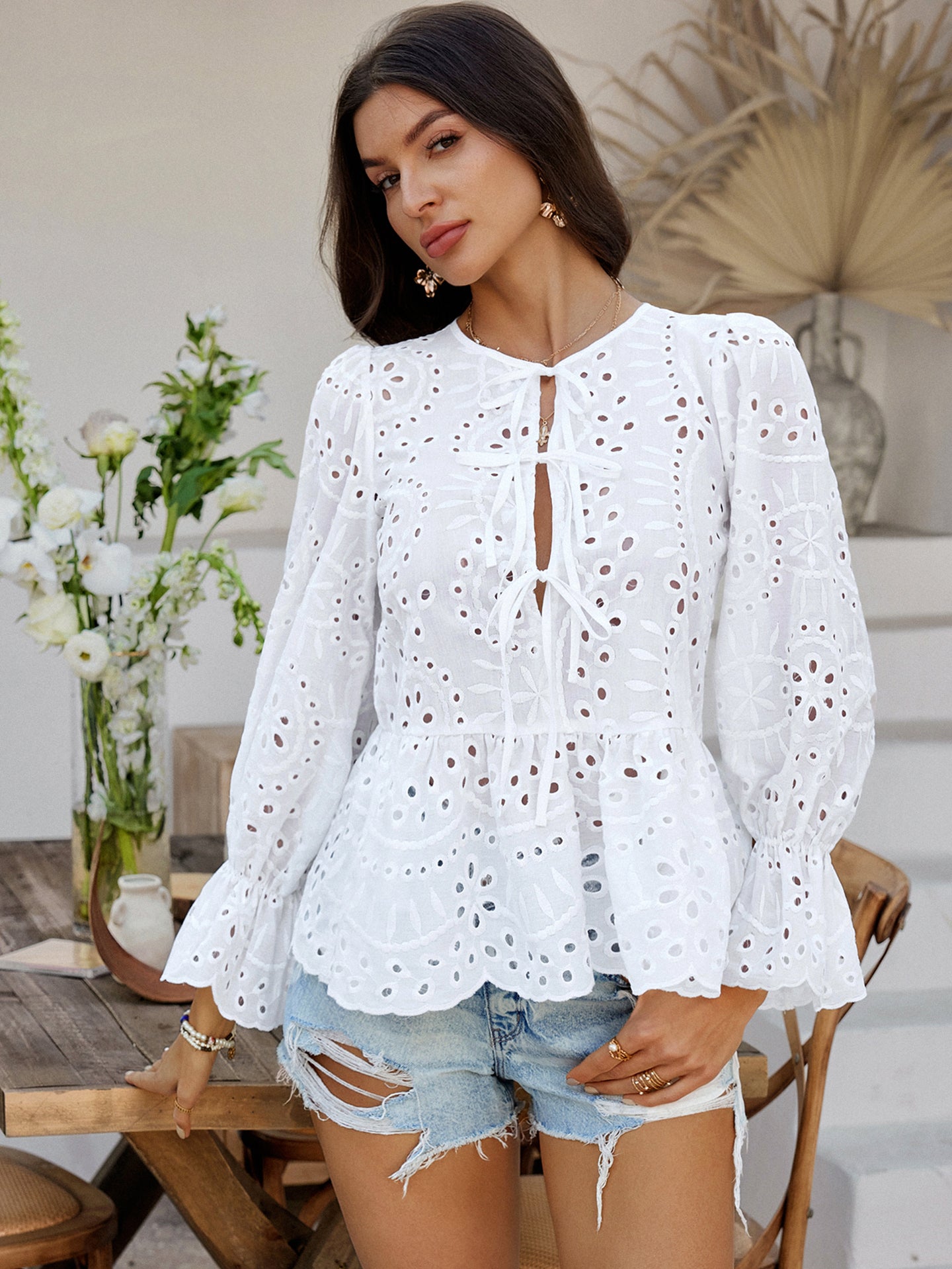 Women Bell Sleeves Tie-Up Neck Peplum Top