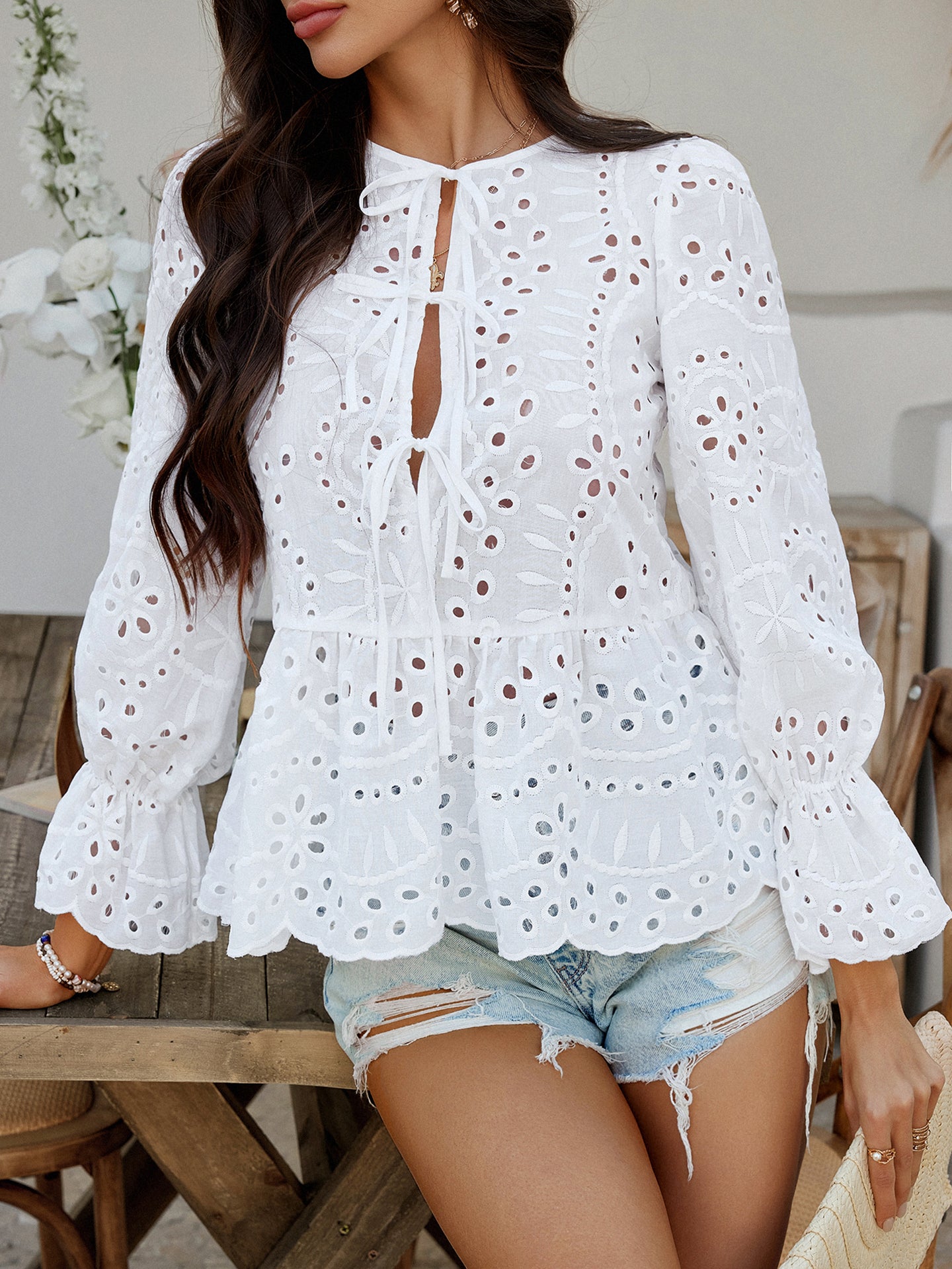 Women Bell Sleeves Tie-Up Neck Peplum Top