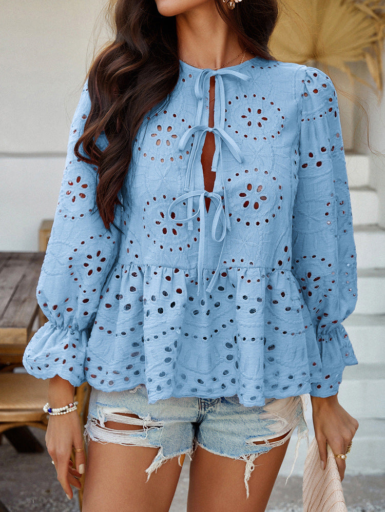 Women Solid Tie-Up Neck Peplum Top