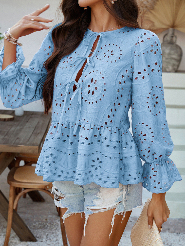 Women Solid Tie-Up Neck Peplum Top
