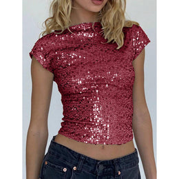 Women Boat Neck Embellished Sequined Backless Regular Top