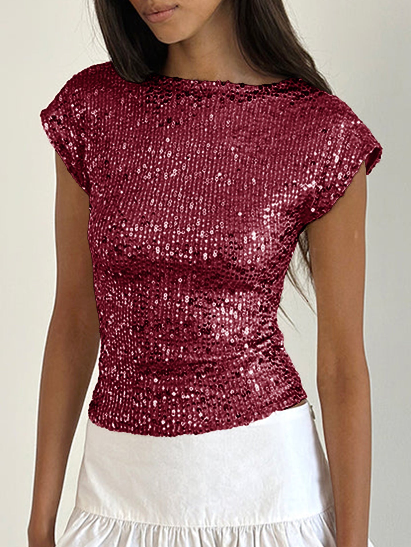 Women Boat Neck Embellished Sequined Backless Regular Top