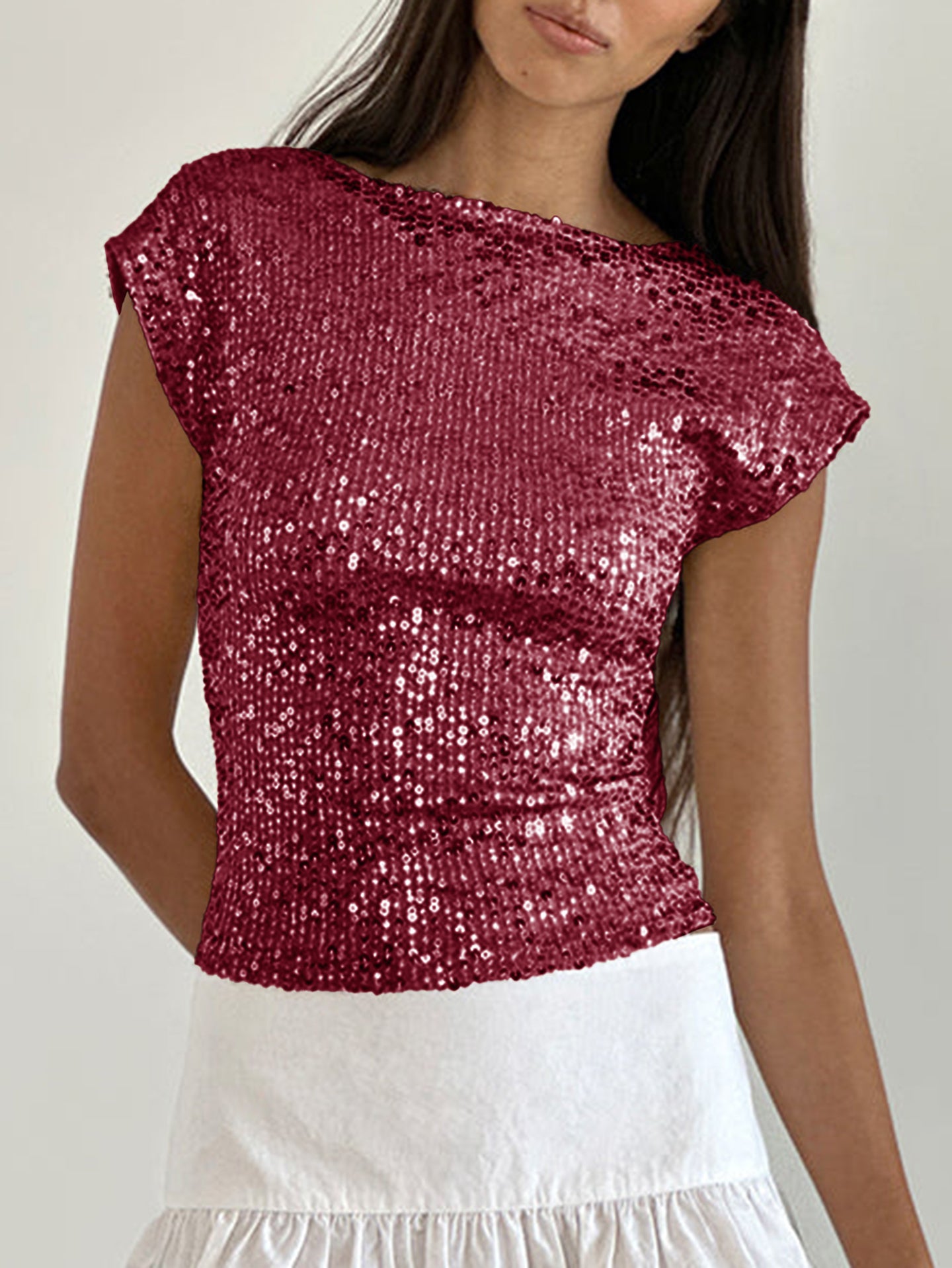 Women Boat Neck Embellished Sequined Backless Regular Top