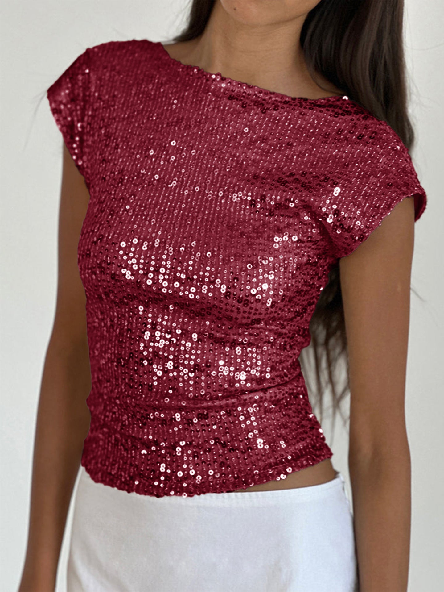 Women Boat Neck Embellished Sequined Backless Regular Top