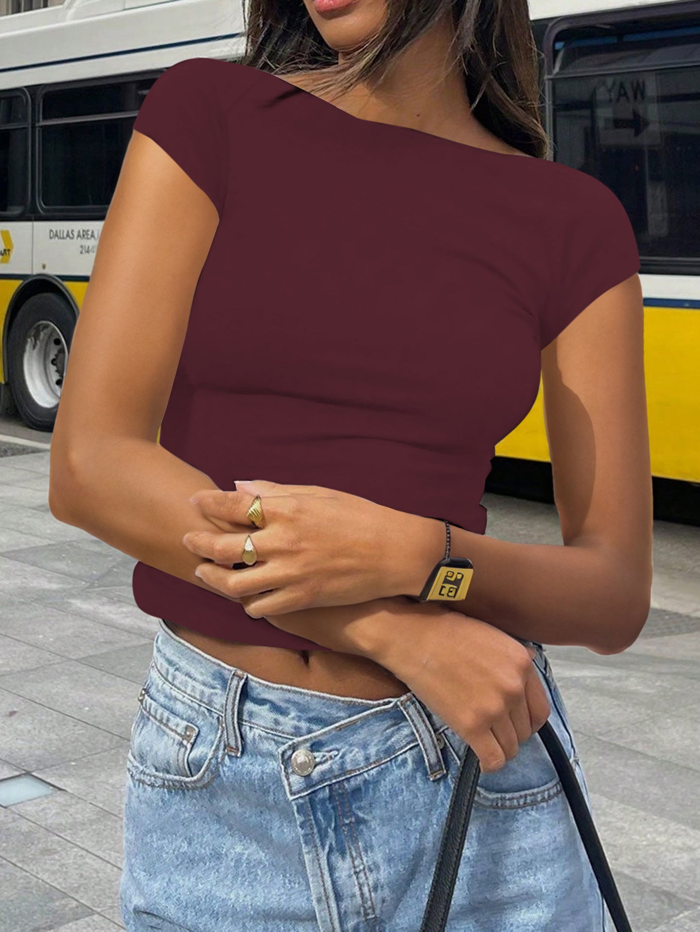 Women Boat Neck Fitted Crop Top