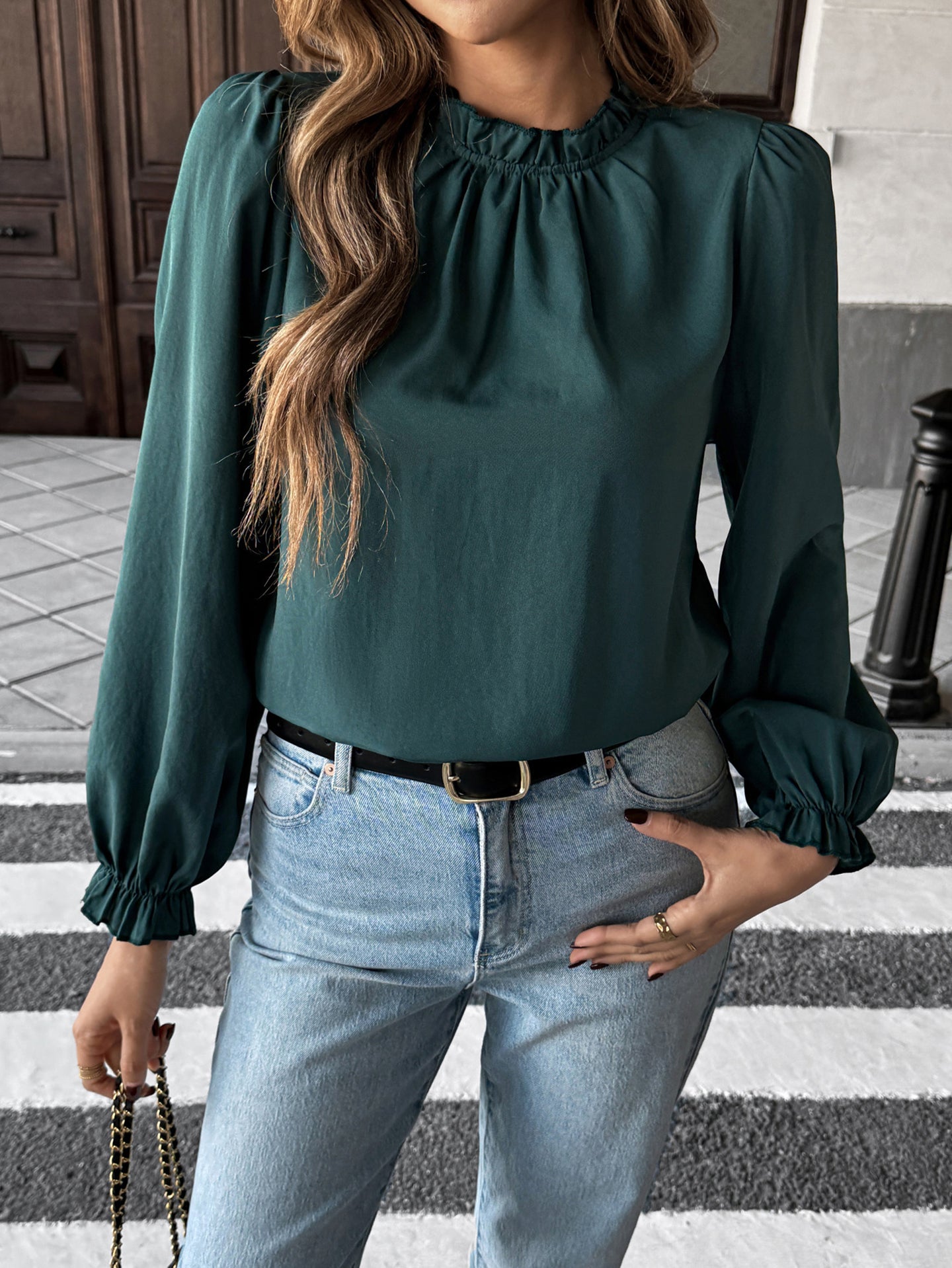 Women Puff Sleeves High Neck Regular Top