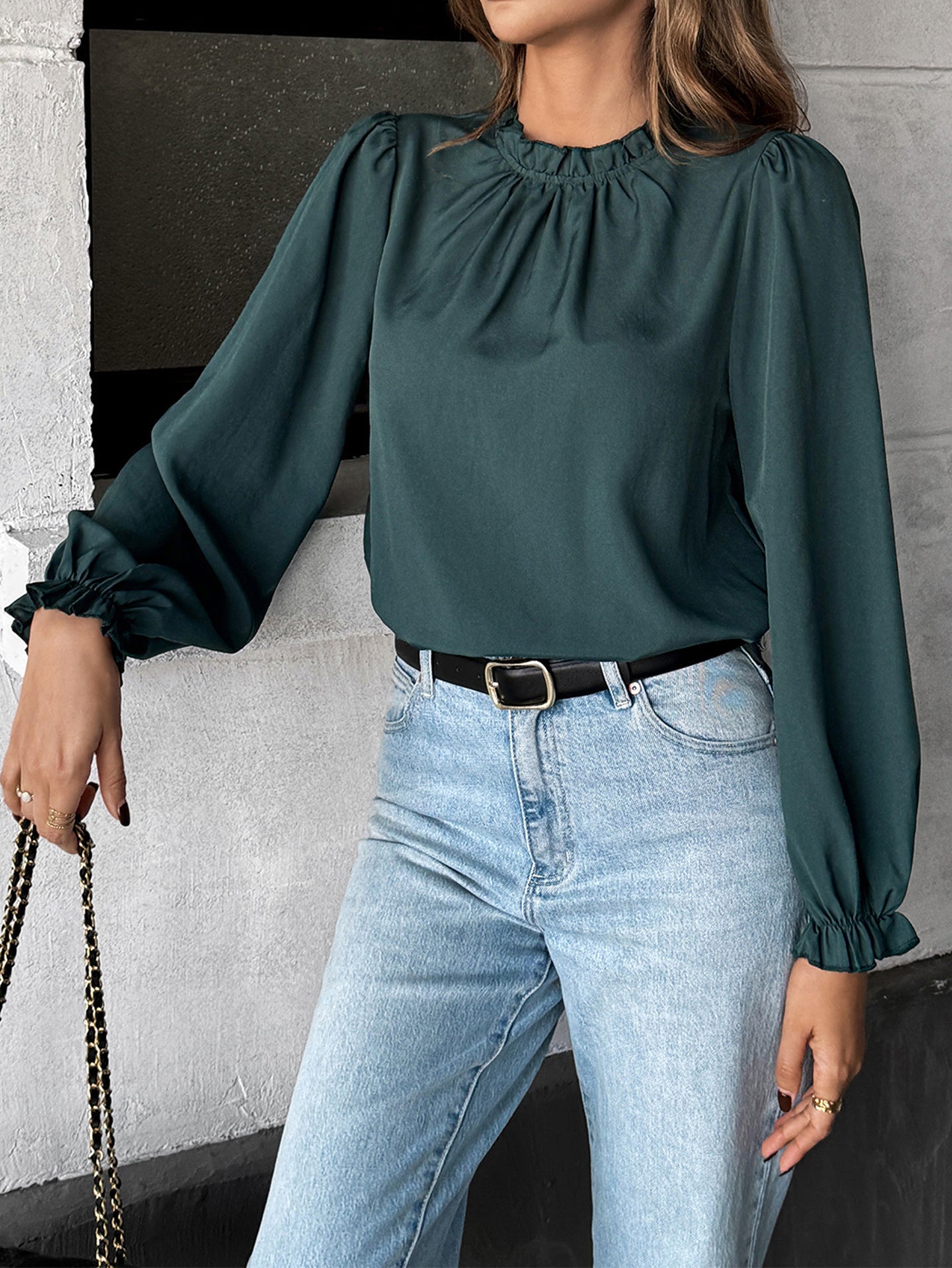Women Puff Sleeves High Neck Regular Top
