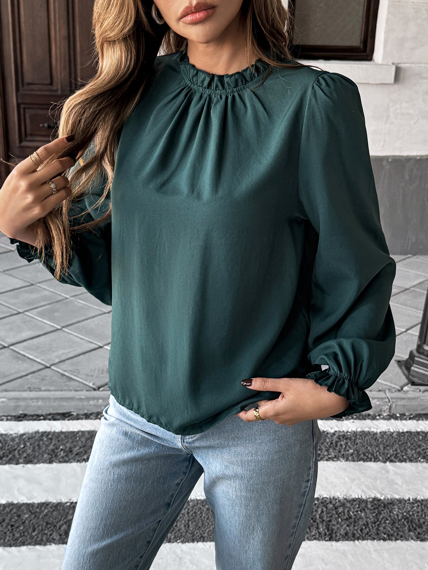 Women Puff Sleeves High Neck Regular Top