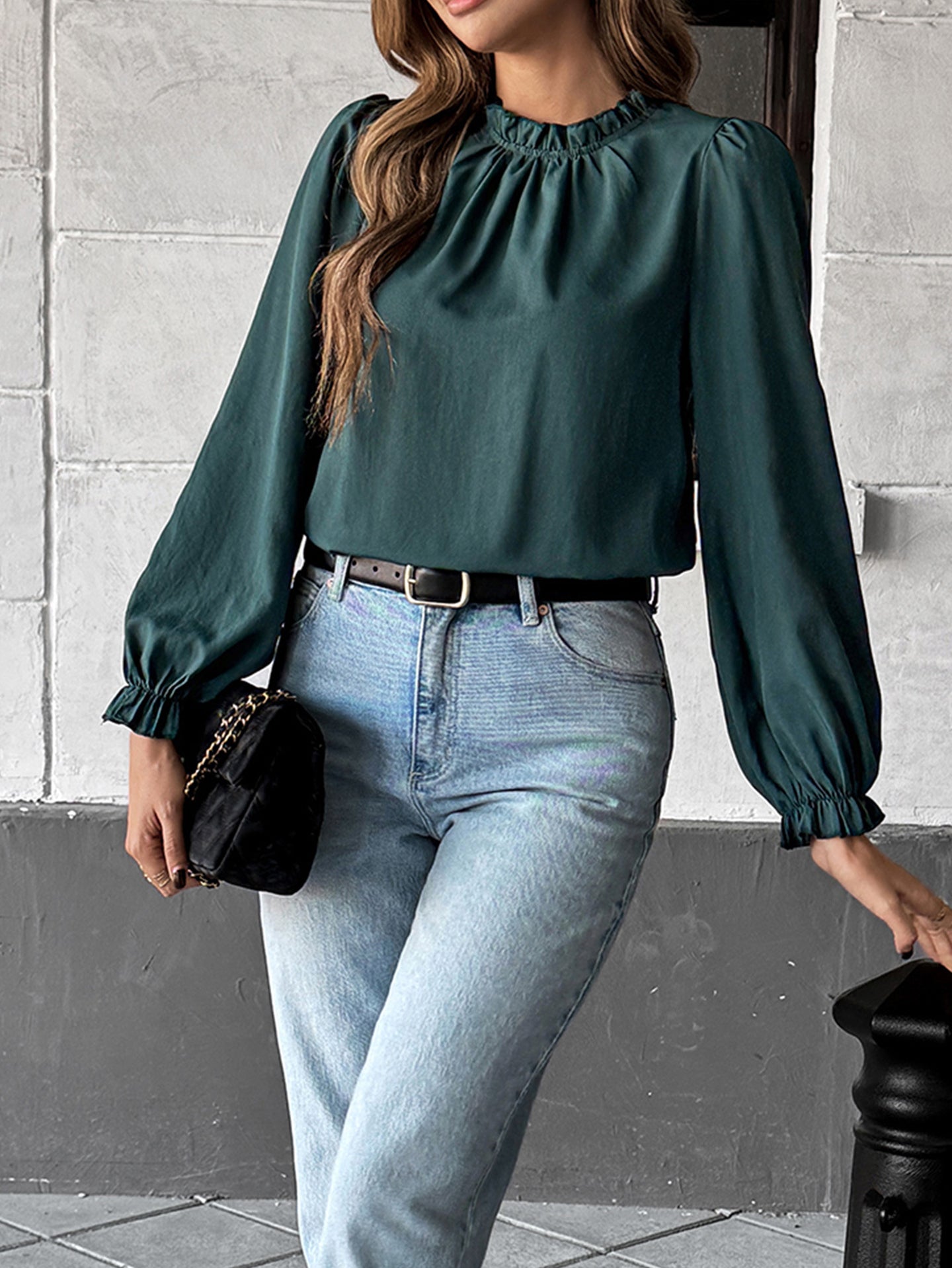 Women Puff Sleeves High Neck Regular Top