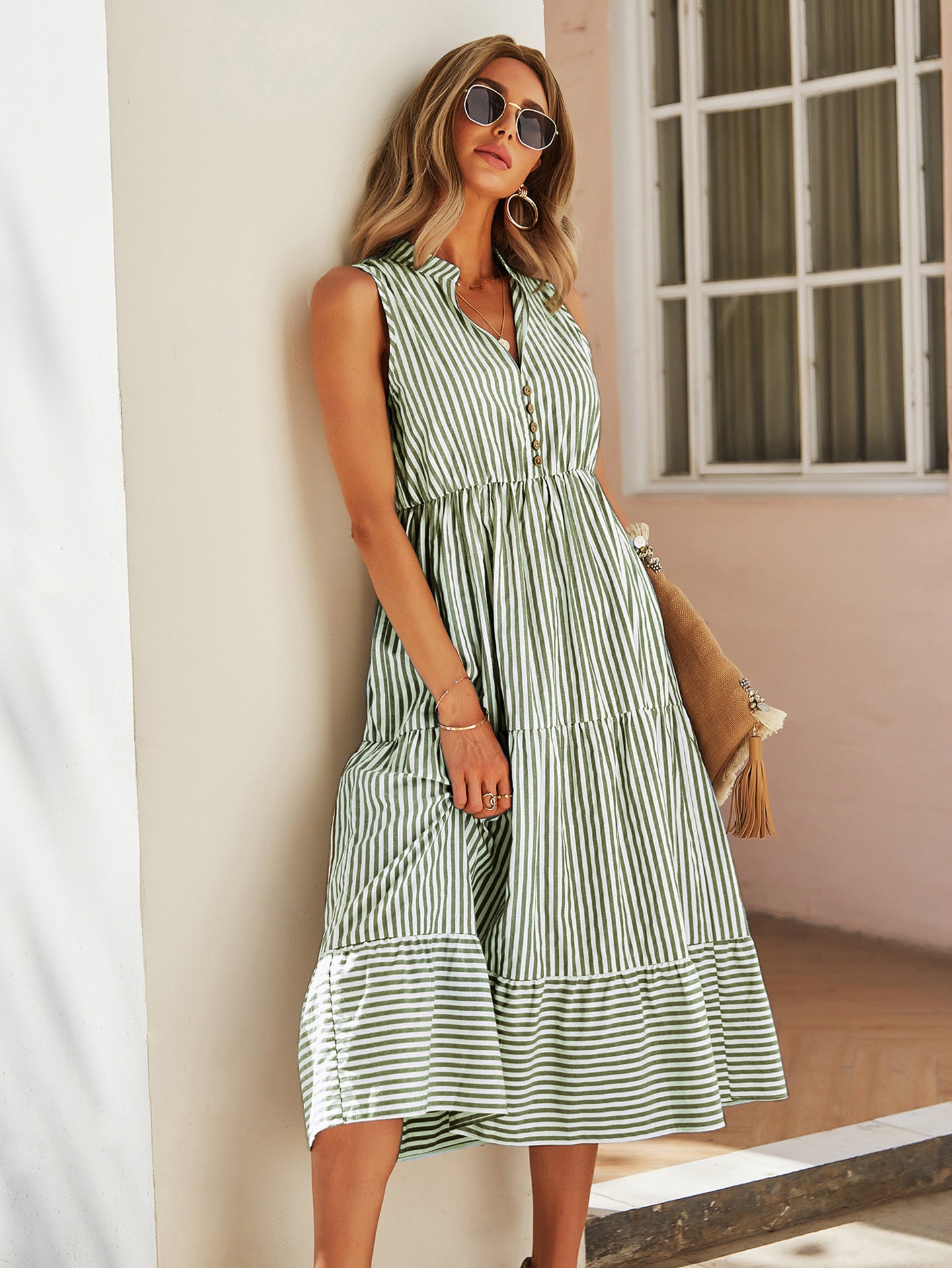 Women Striped Tiered Fit & Flare Dress