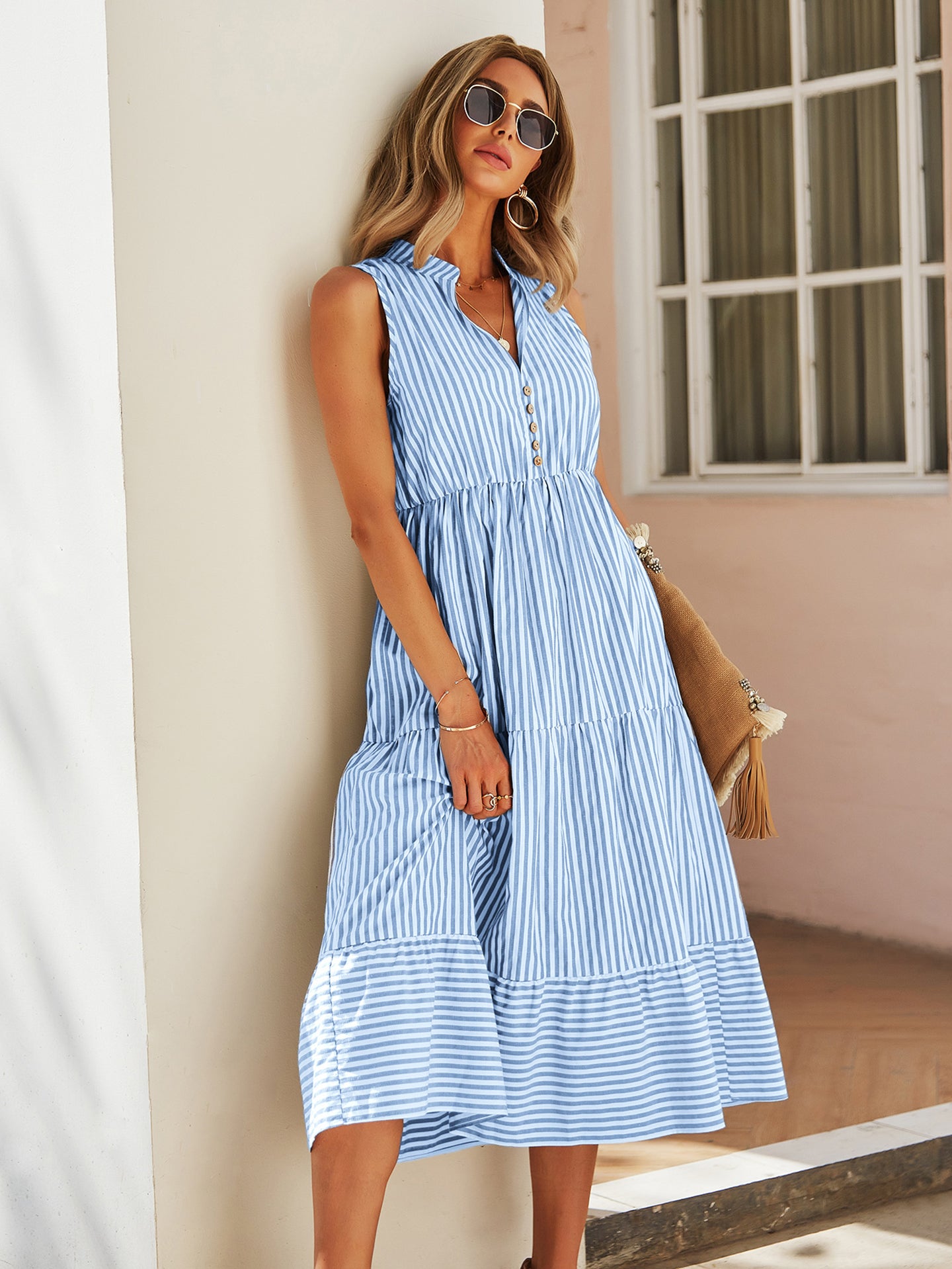 Women Striped Fit and Flare Tiered Dress