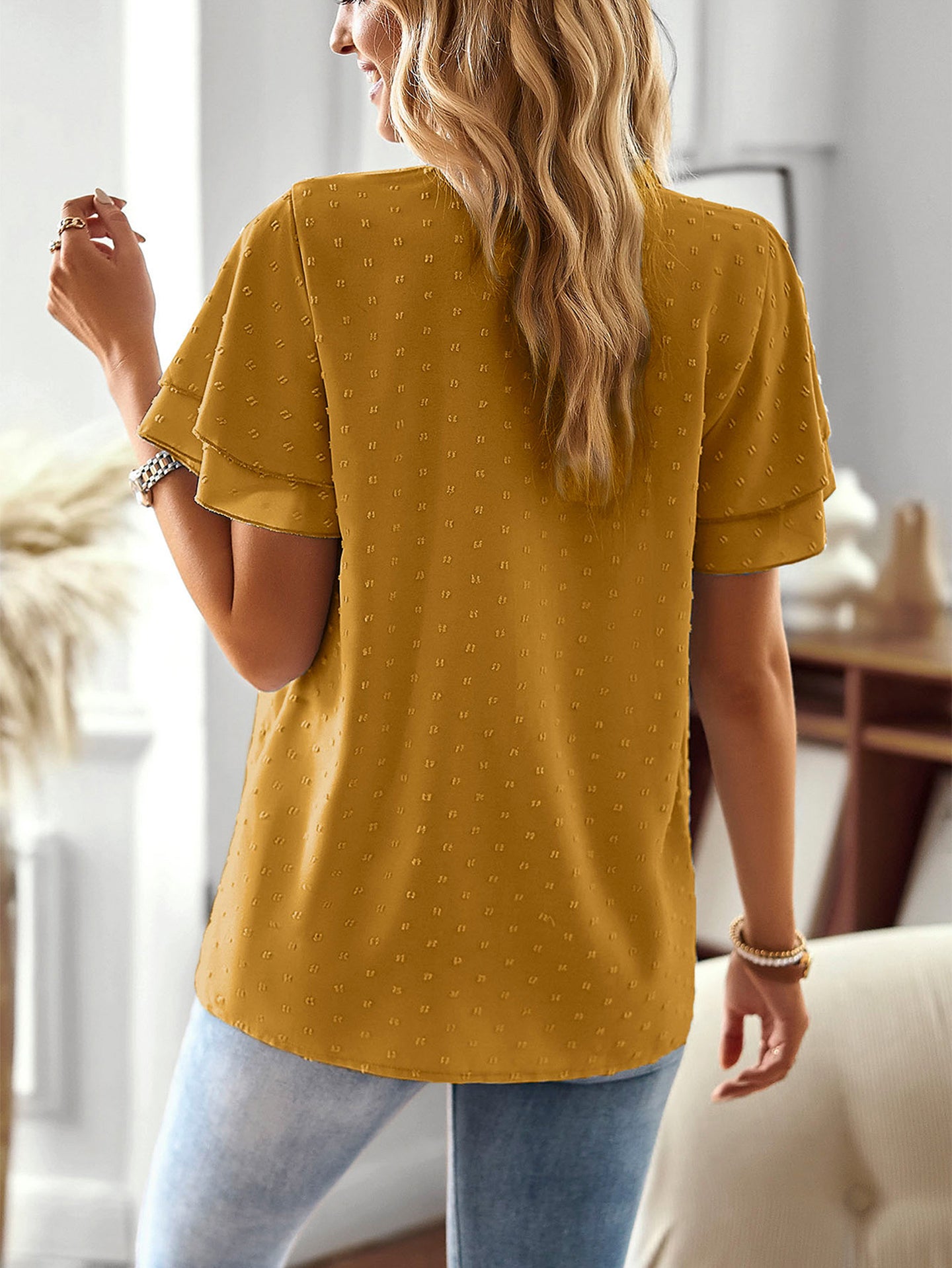 Women Solid Self design Flutter Sleeve Top