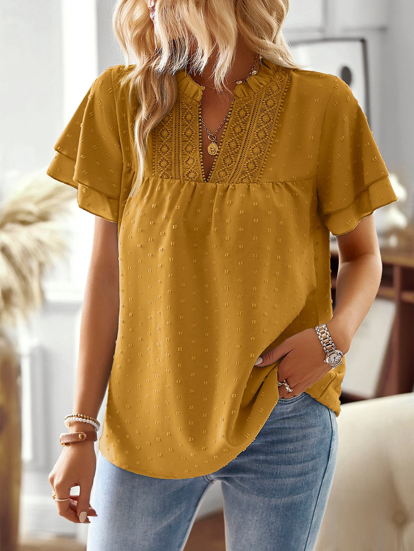 Women Solid Self design Flutter Sleeve Top