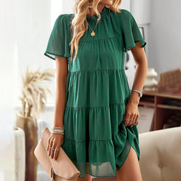 Women Flared Sleeves Tiered A-Line Dress