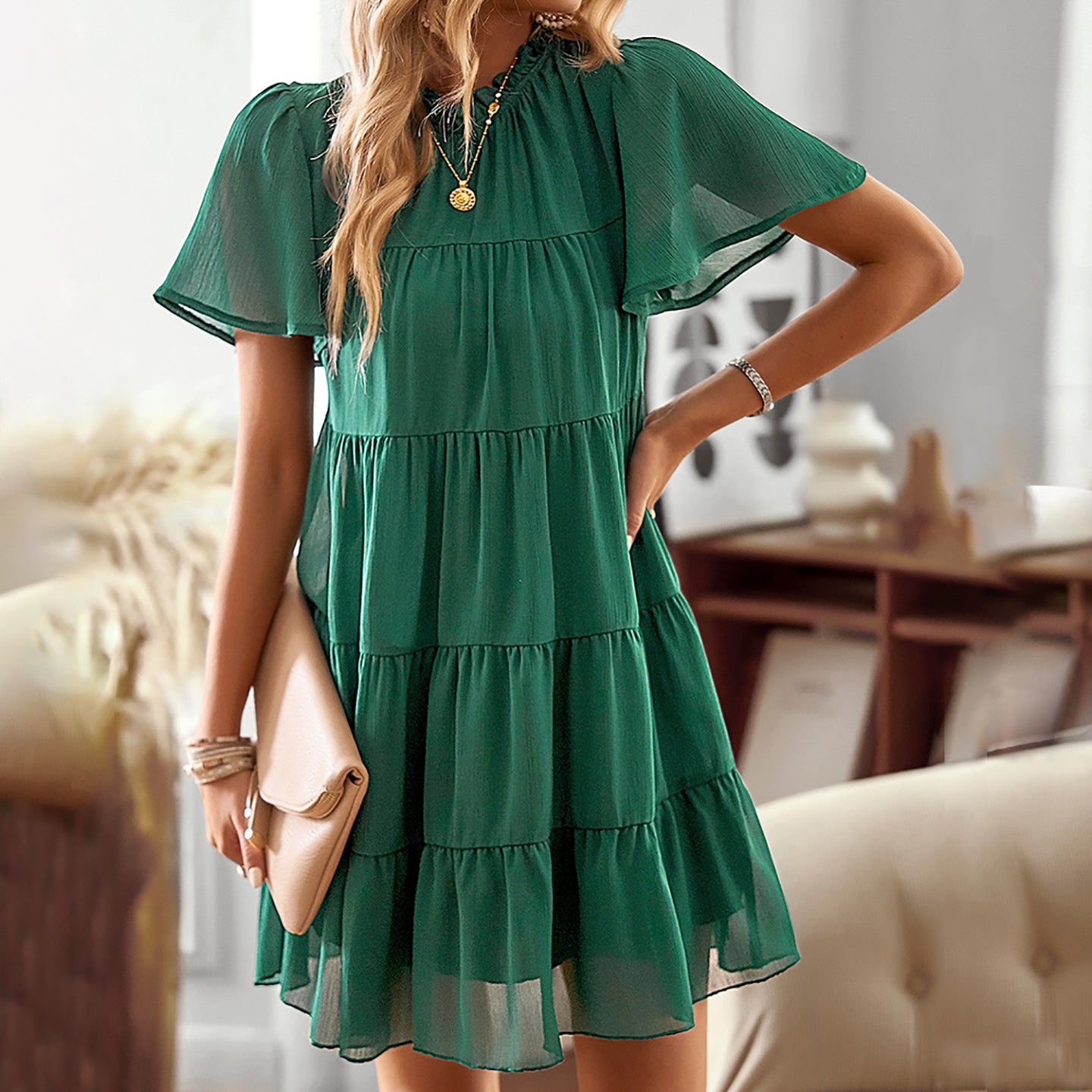 Women Flared Sleeves Tiered A-Line Dress