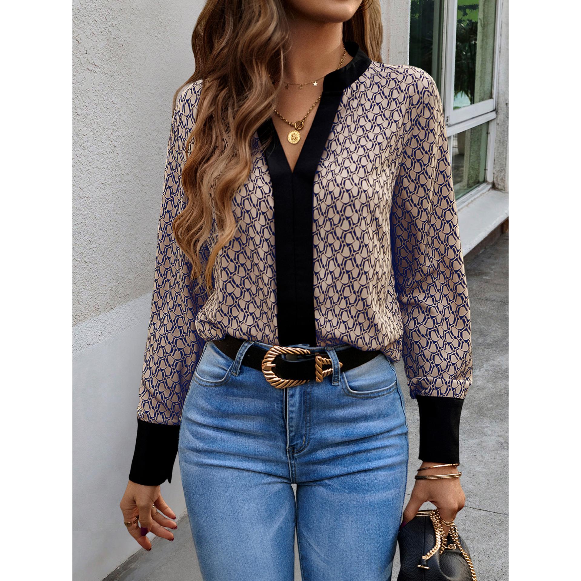 Women Printed Mandarin Collar Shirt Style Top