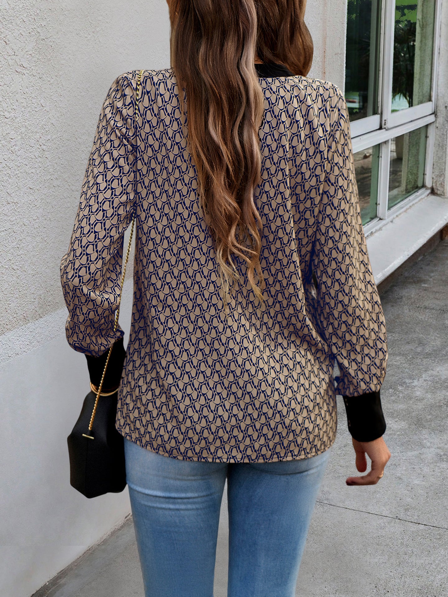 Women Printed Mandarin Collar Shirt Style Top