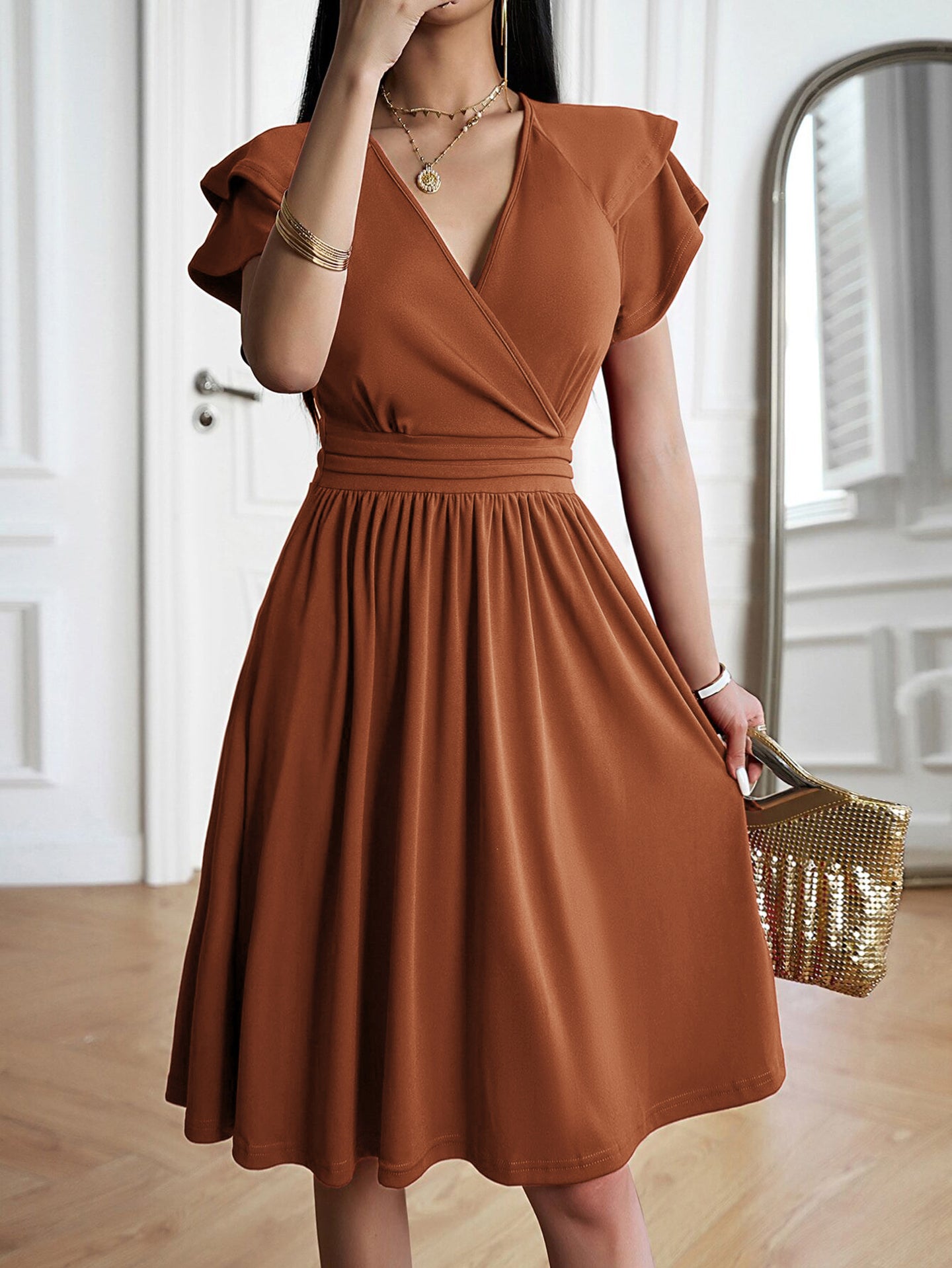 Women V-neck Fit & Flared Knee Length Dress