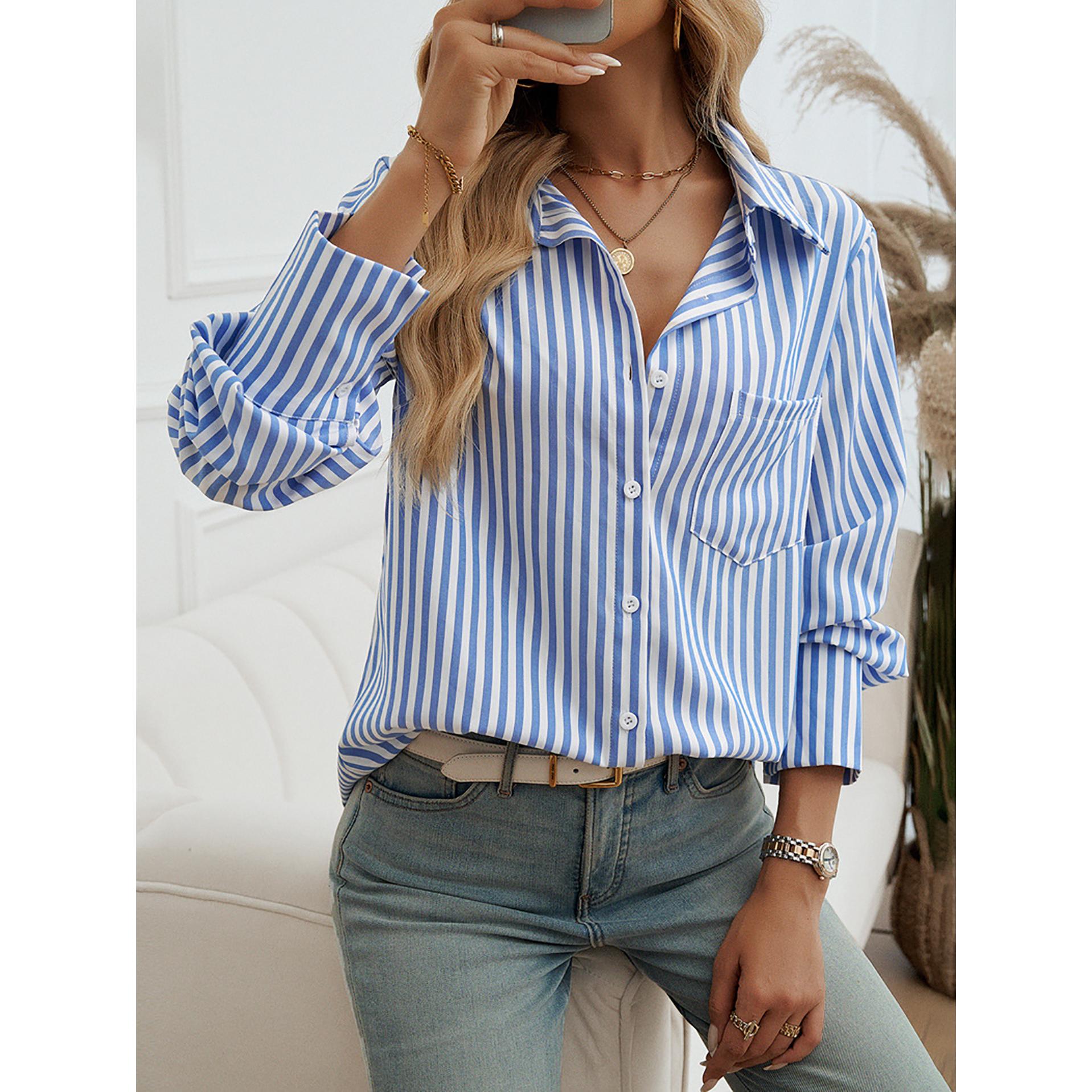 Women Cutaway Collar Vertical Striped Casual Shirt