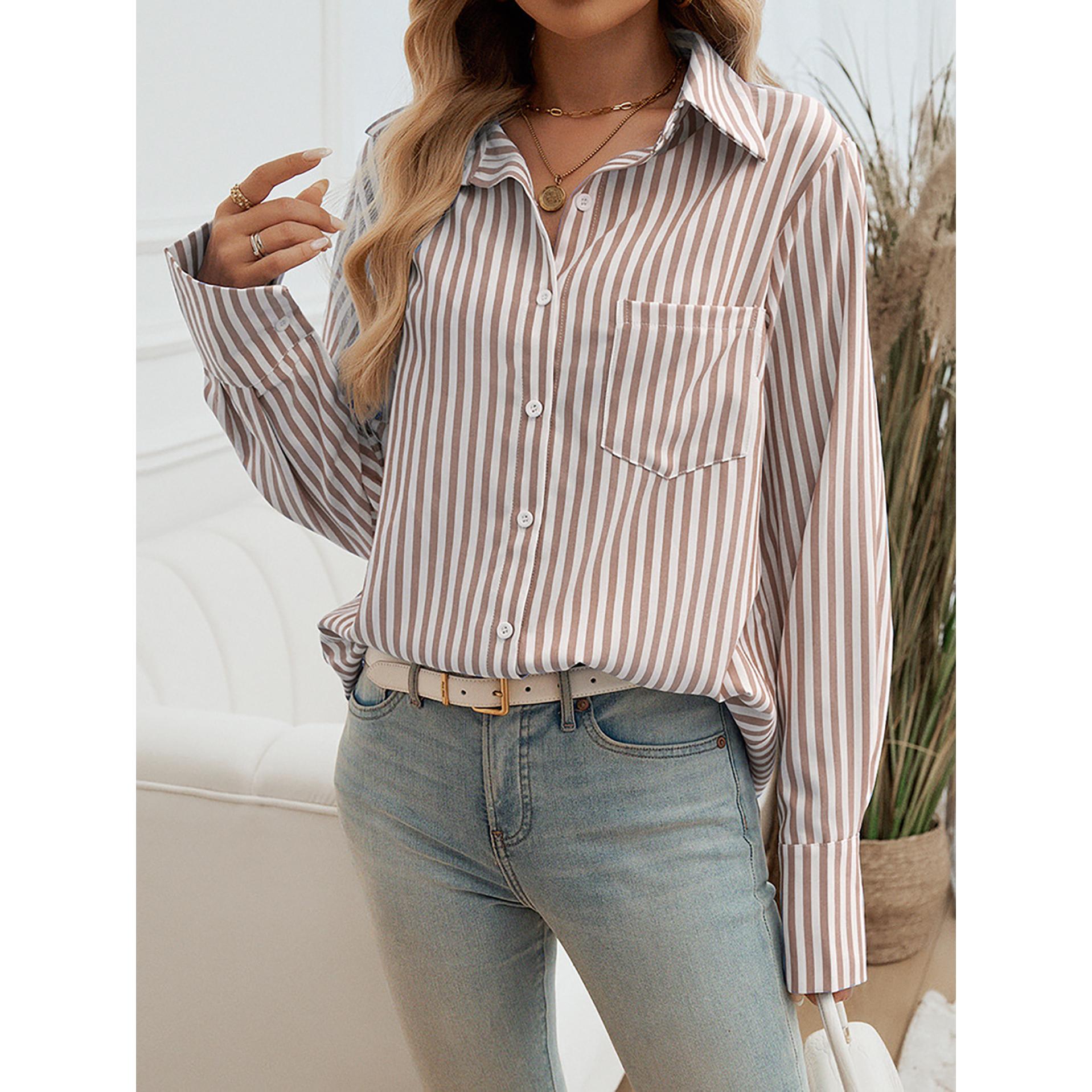 Women Spread Collar Vertical Striped Casual Shirt