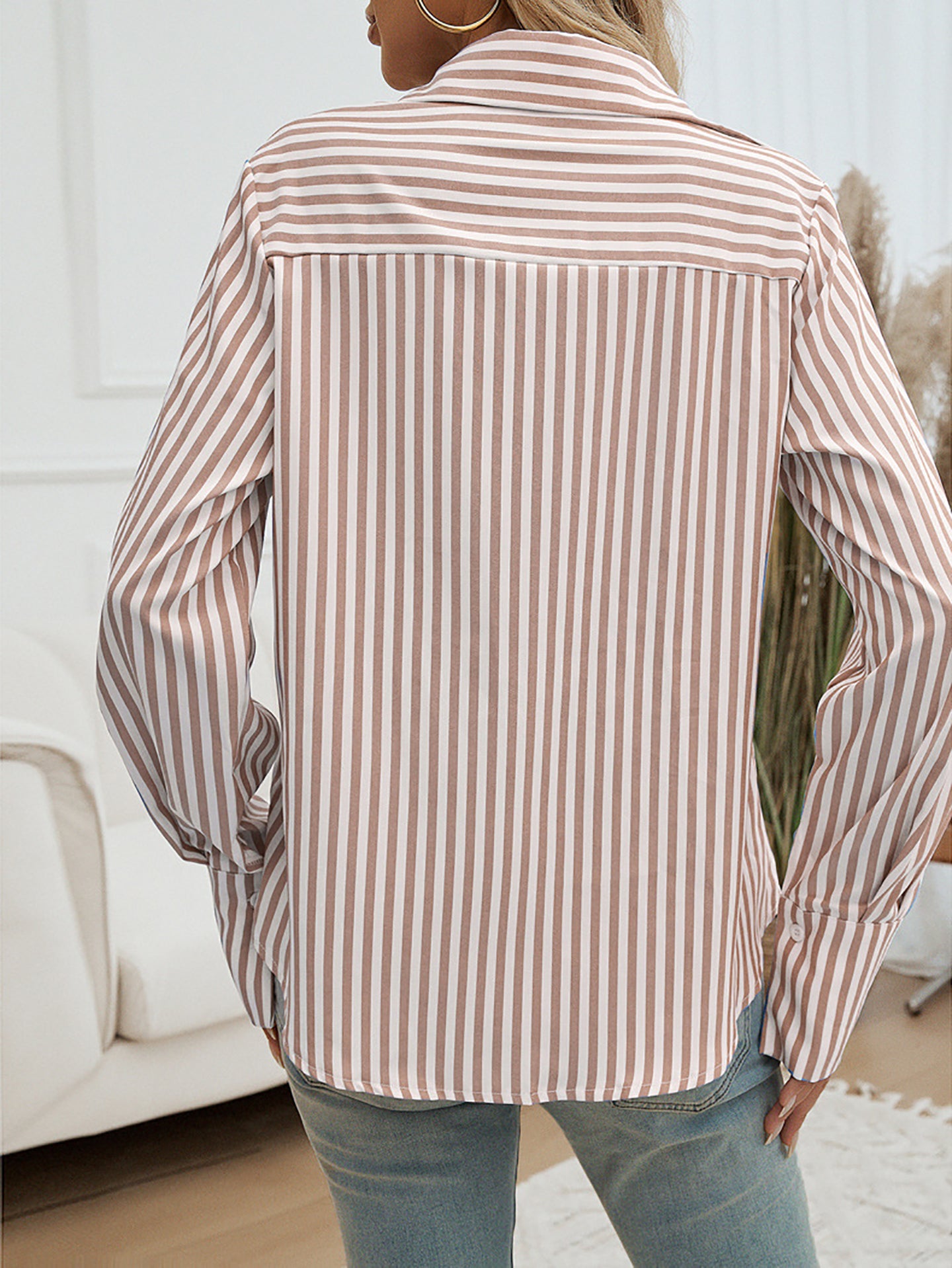 Women Spread Collar Vertical Striped Casual Shirt