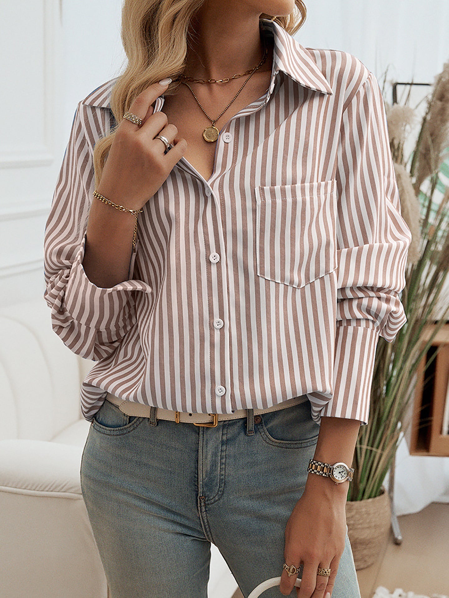 Women Spread Collar Vertical Striped Casual Shirt