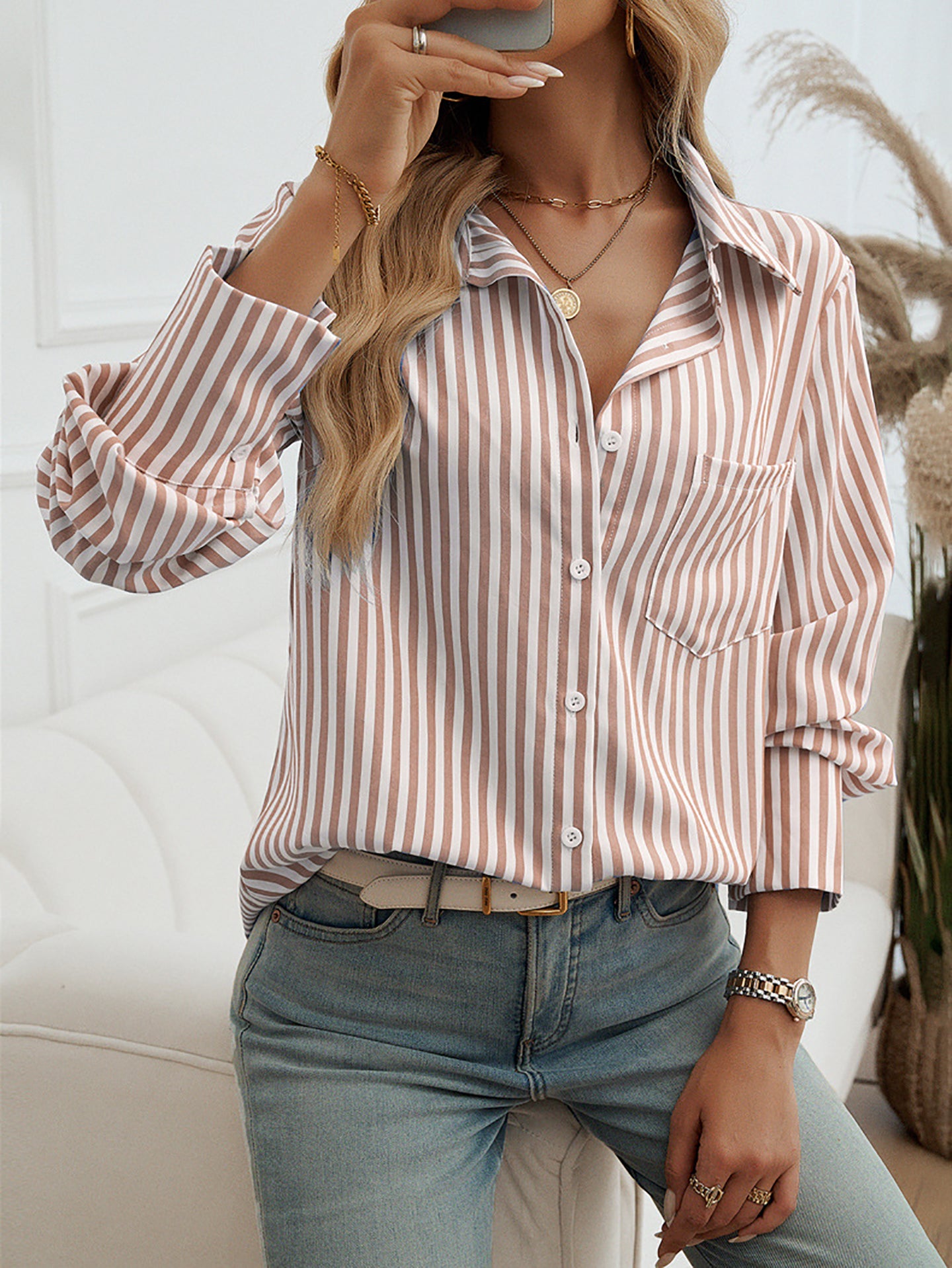 Women Spread Collar Vertical Striped Casual Shirt