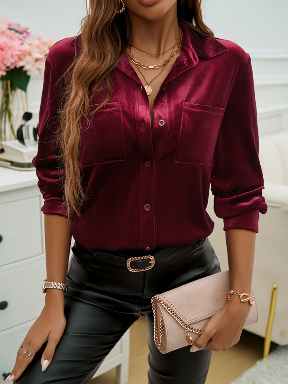 Women Spread Collar Solid Party Shirt