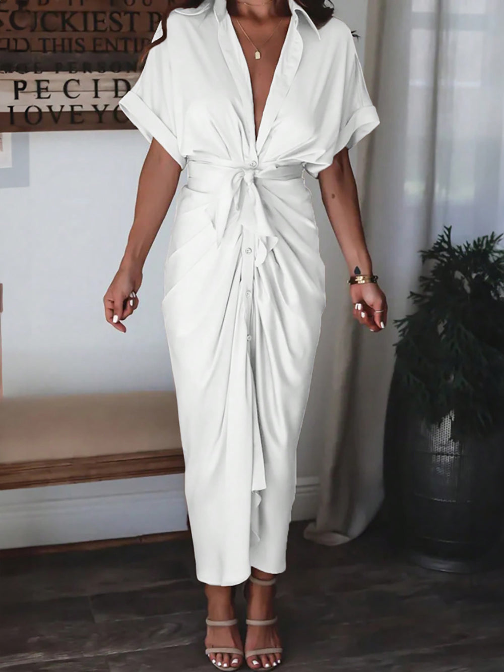 Women Side Tape Shirt Maxi Dress