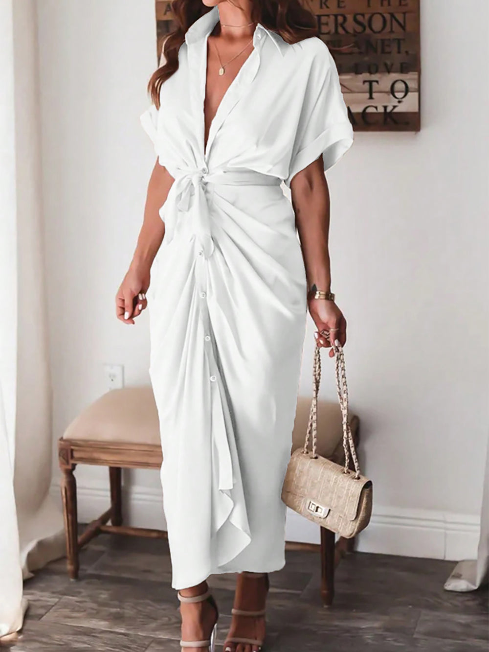 Women Side Tape Shirt Maxi Dress