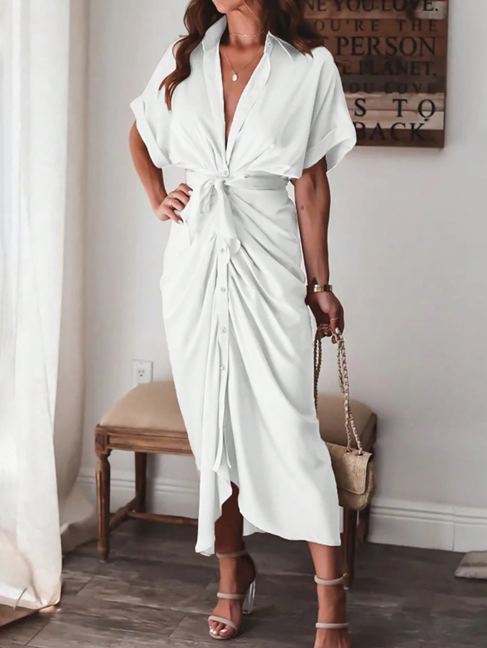 Women Side Tape Shirt Maxi Dress