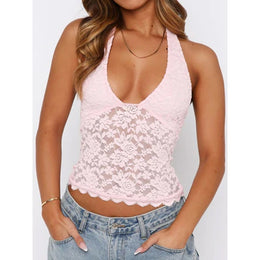 Women Halter Neck Lace Fitted Crop Top