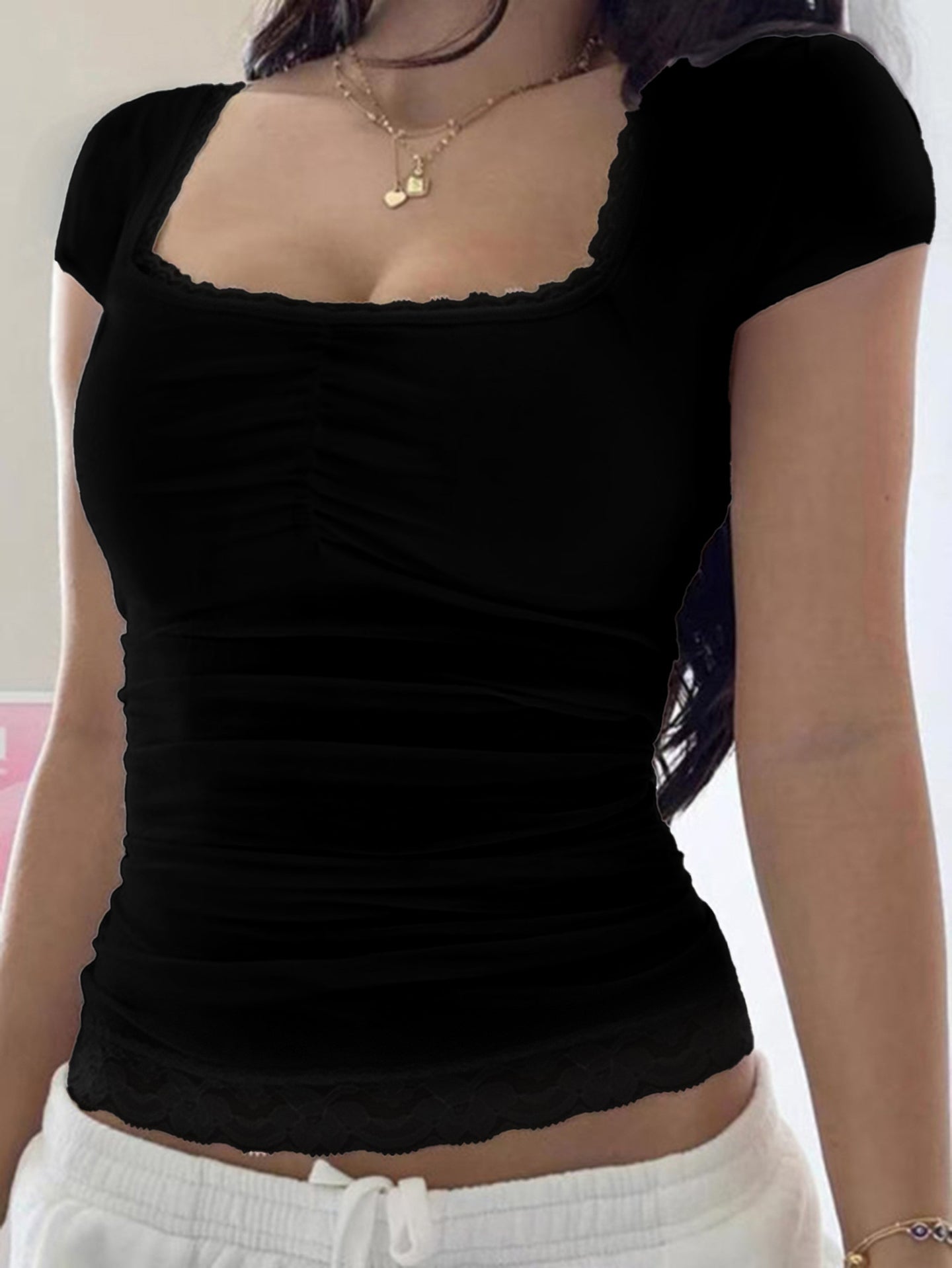 Women Square Neck Short Sleeves Crop Top