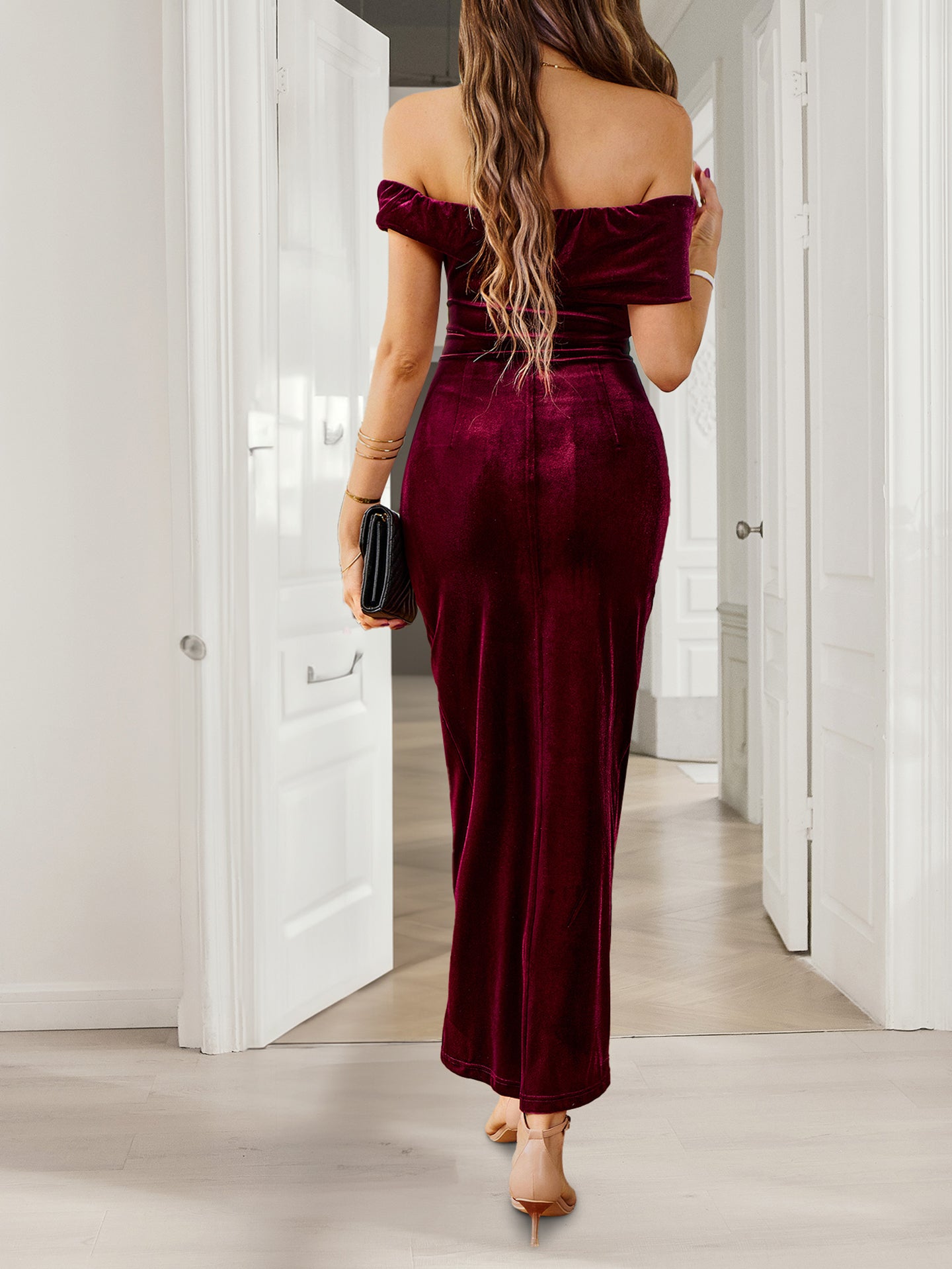 Off-Shoulder Cold-Shoulder Velvet Bodycon Midi Dress