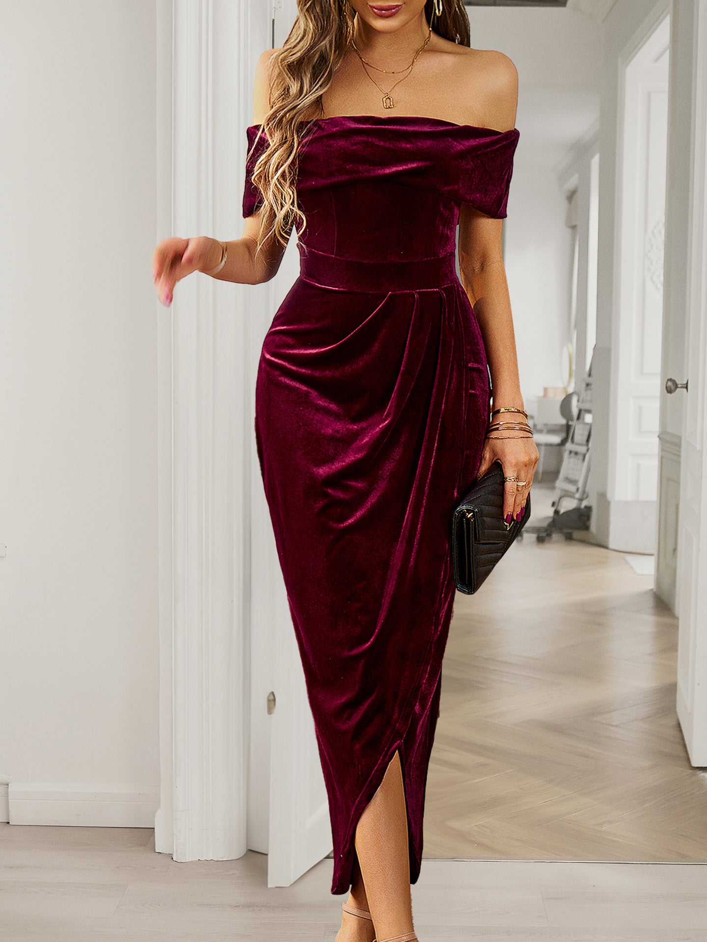 Off-Shoulder Cold-Shoulder Velvet Bodycon Midi Dress
