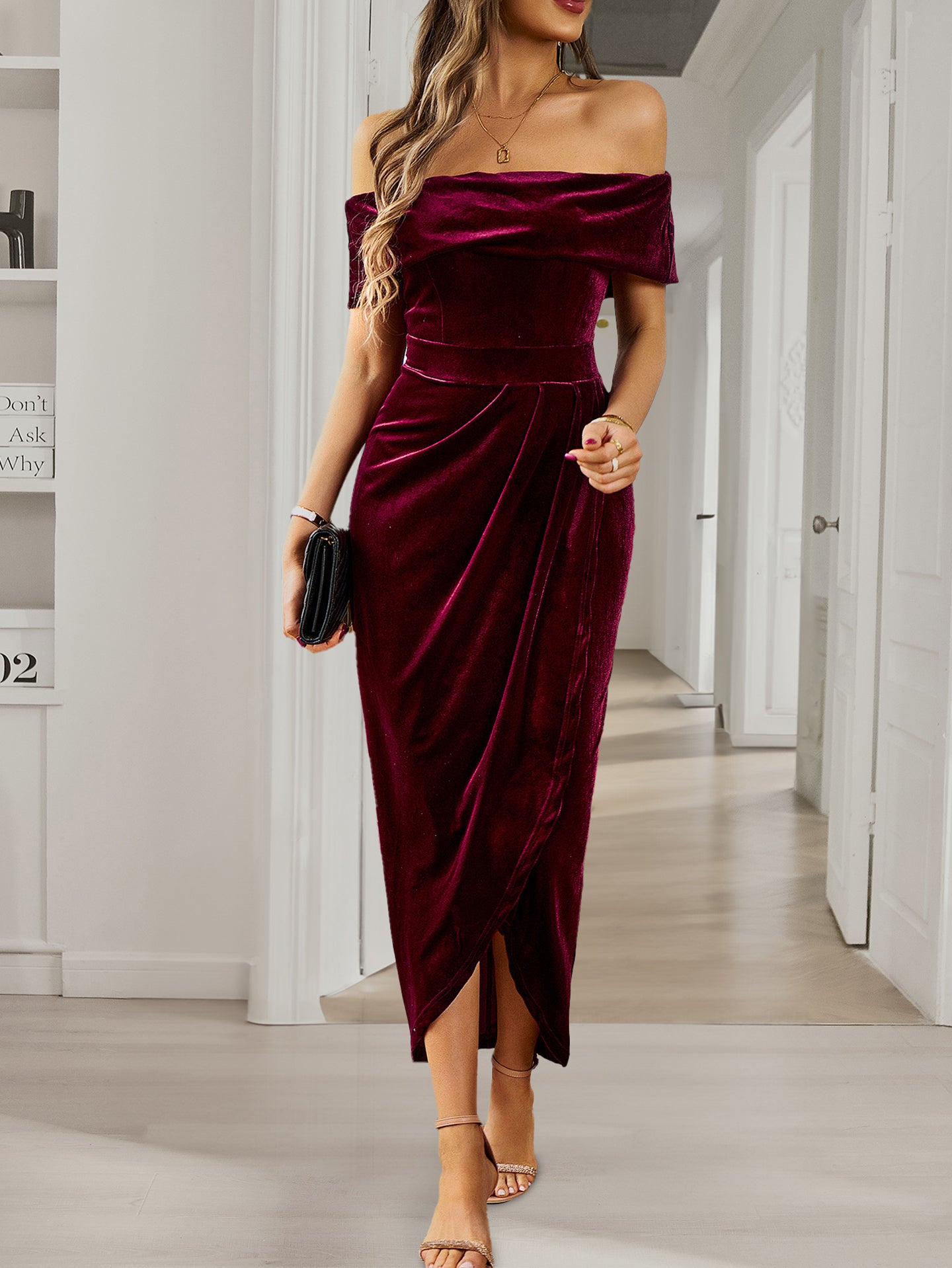 Off-Shoulder Cold-Shoulder Velvet Bodycon Midi Dress