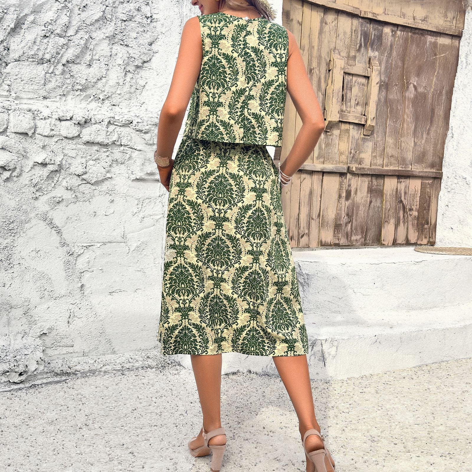 Printed Green & Beige Top and A-Line Midi Skirt Co-ords
