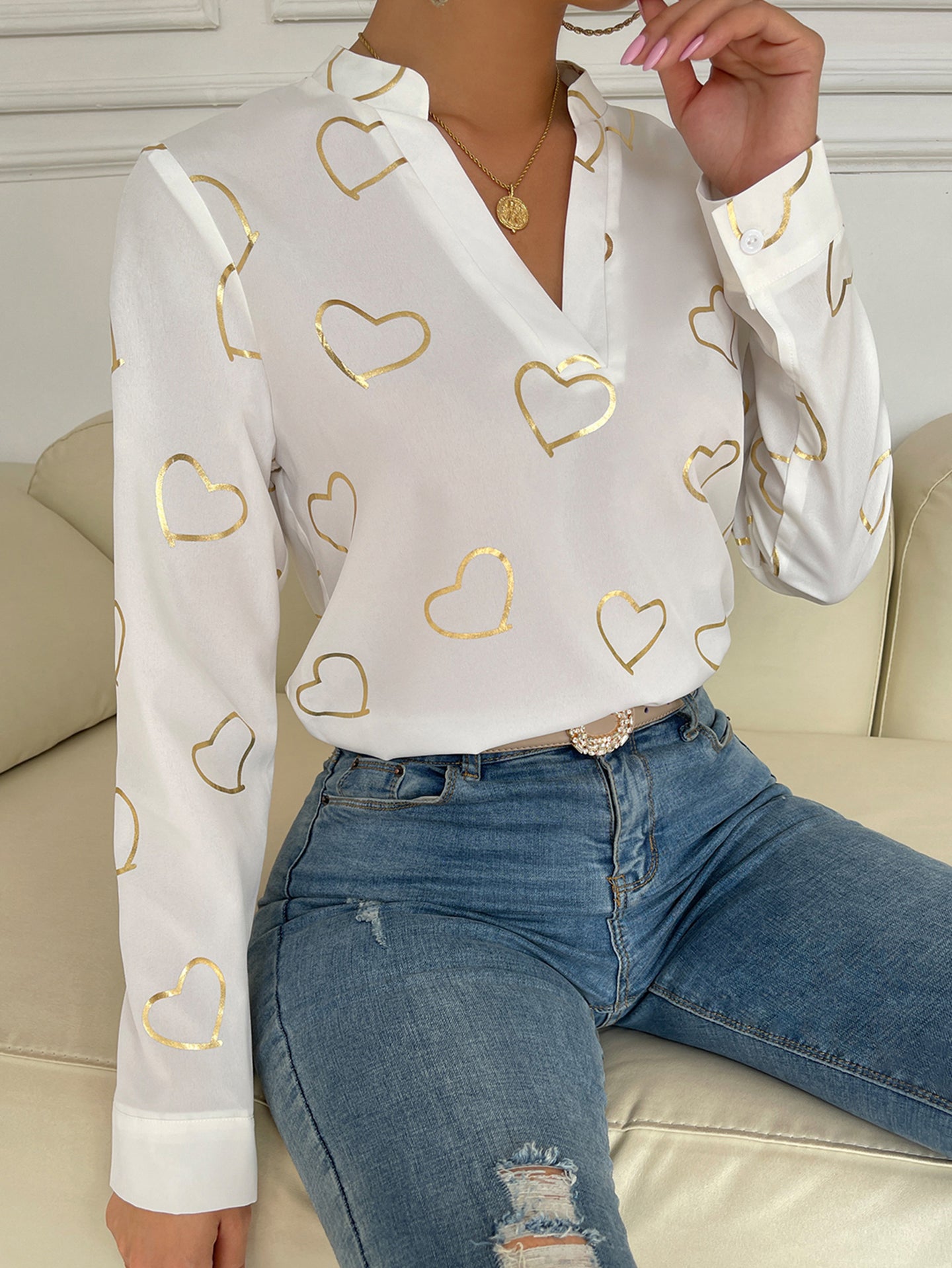 Women V-Neck Printed Top
