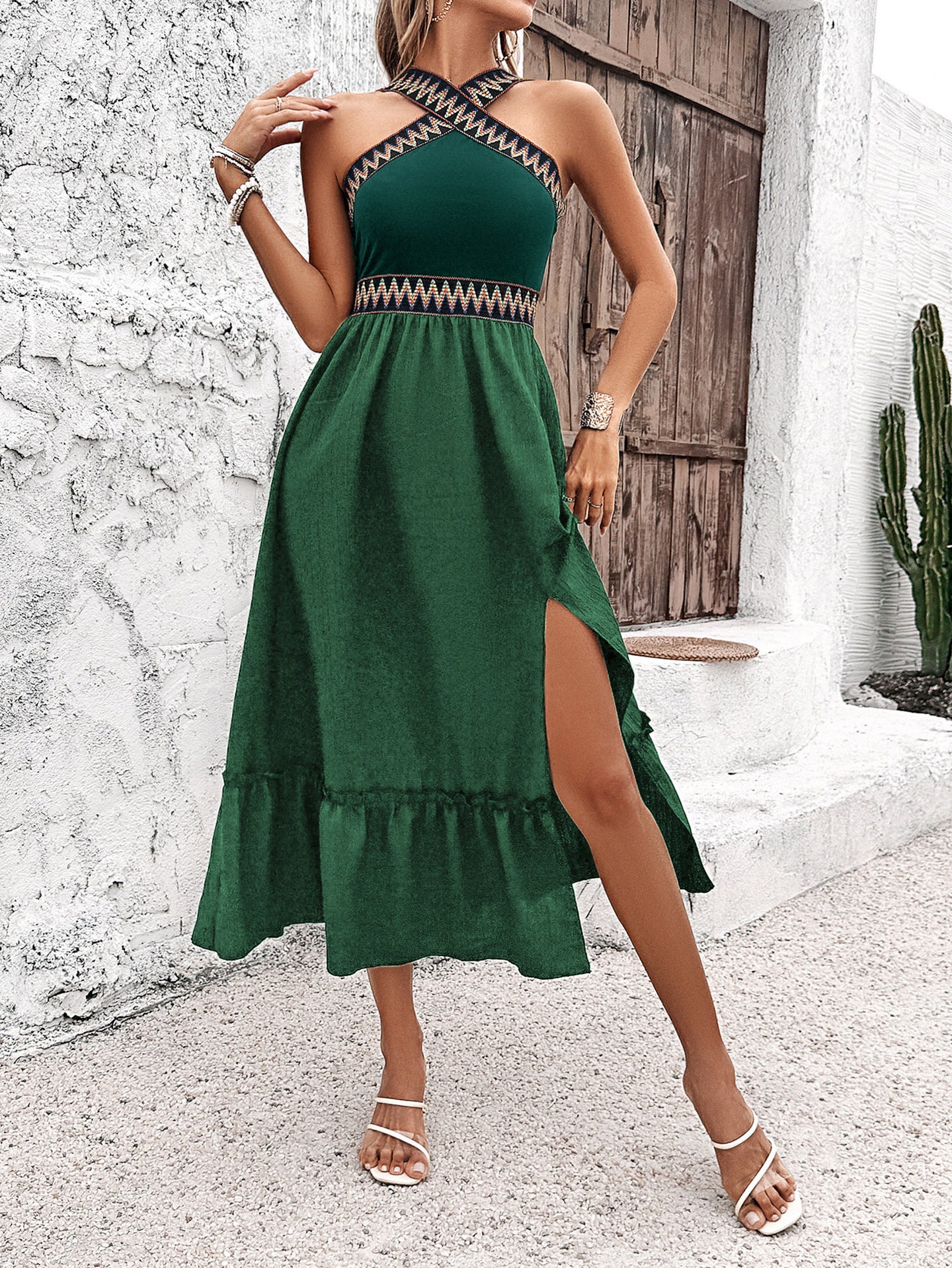 Women Choker Neck Fit & Flare Midi Dress