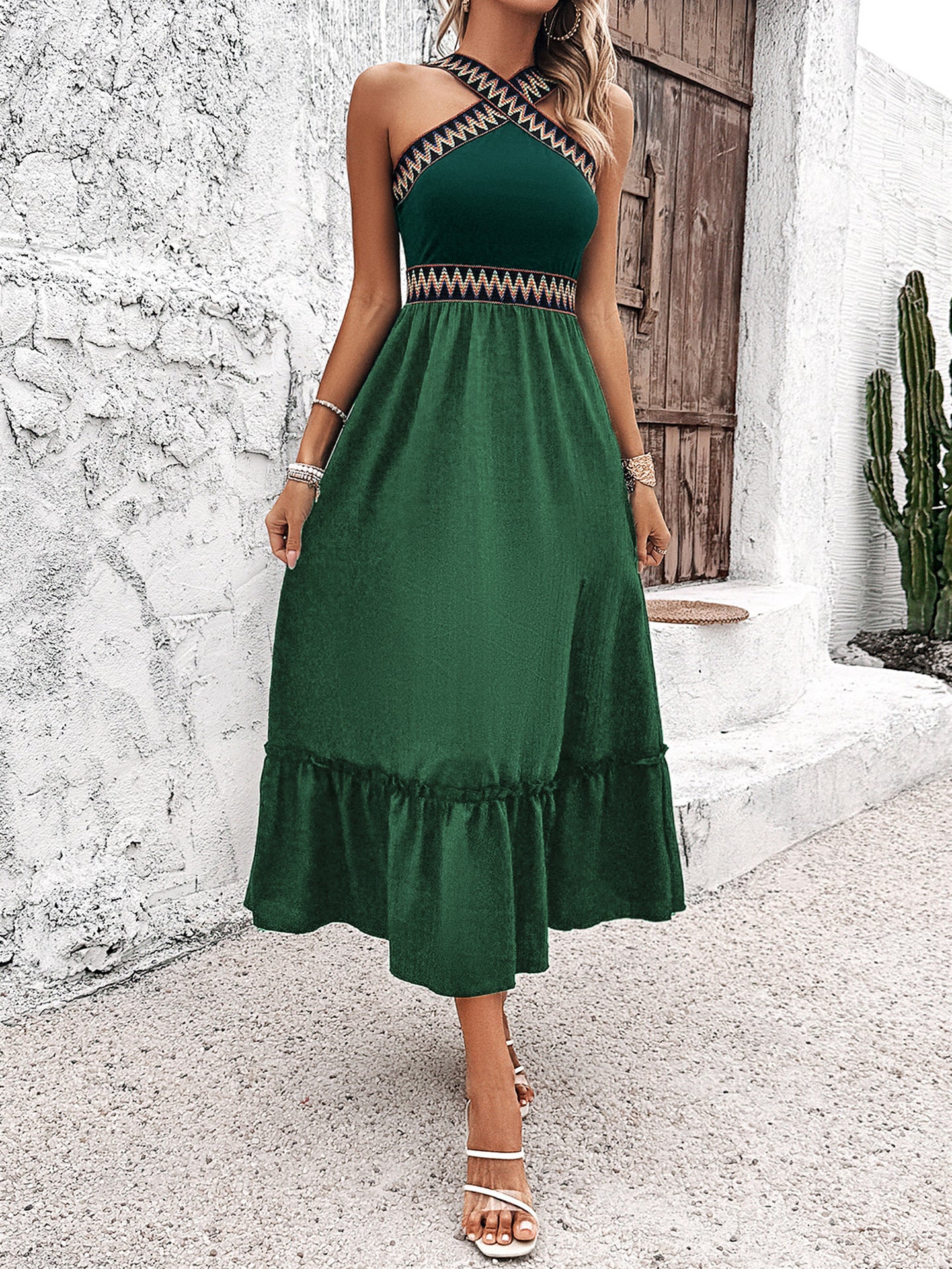 Women Choker Neck Fit & Flare Midi Dress