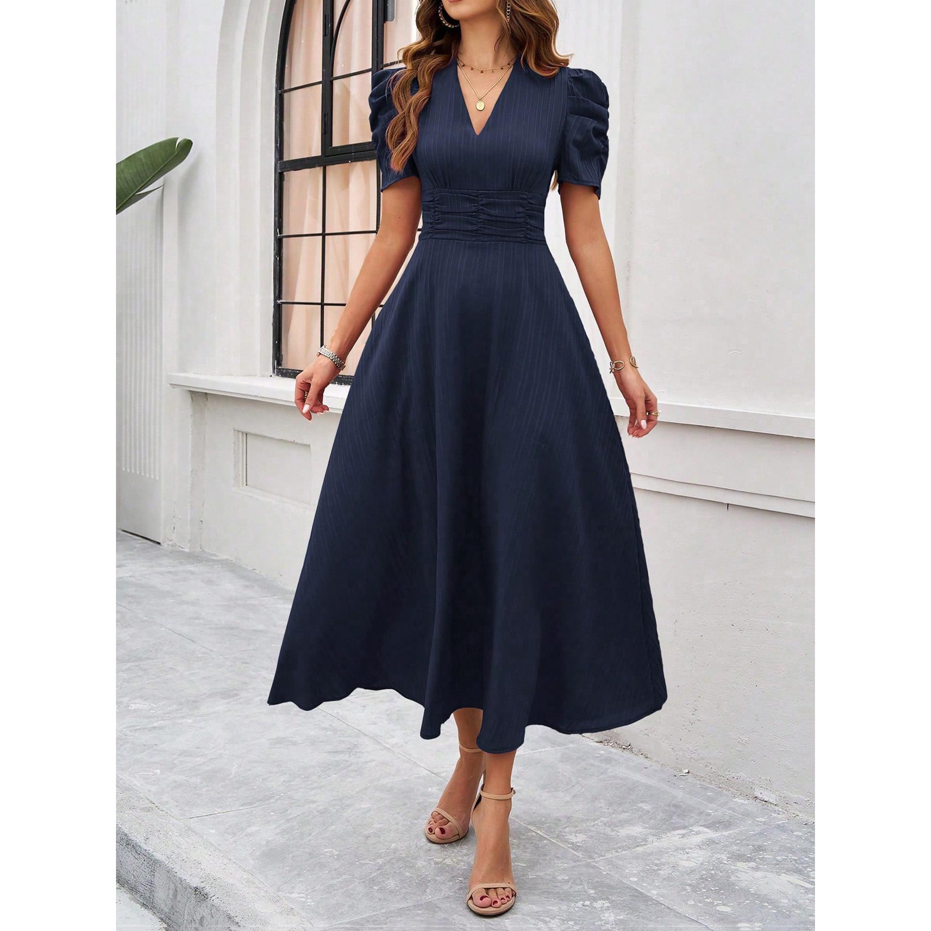 V-Neck Puff Sleeves Fit and Flare Midi Dress