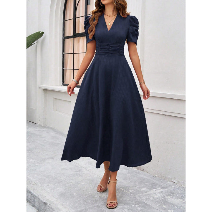 V-Neck Puff Sleeves Fit and Flare Midi Dress