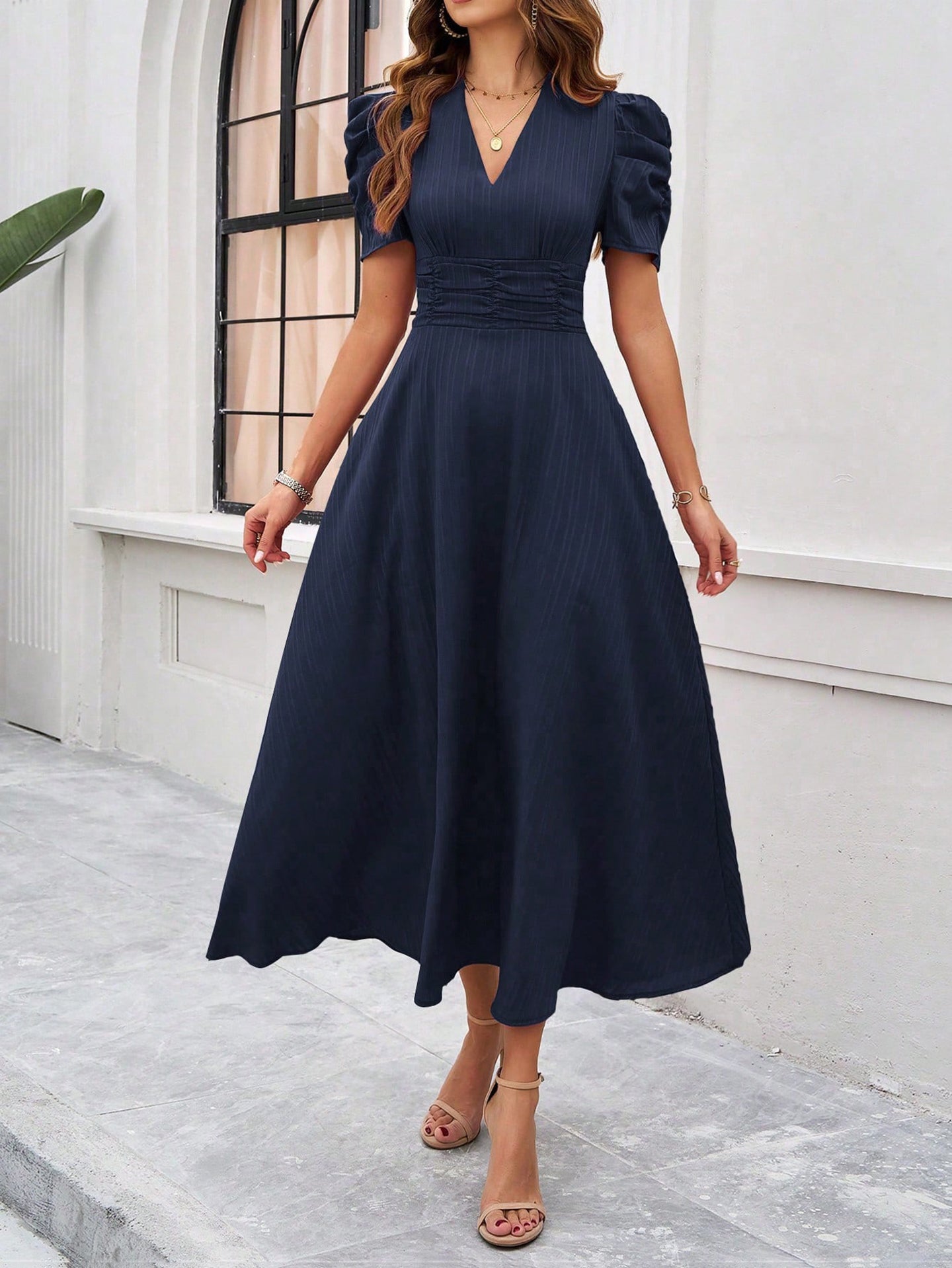 V-Neck Puff Sleeves Fit and Flare Midi Dress