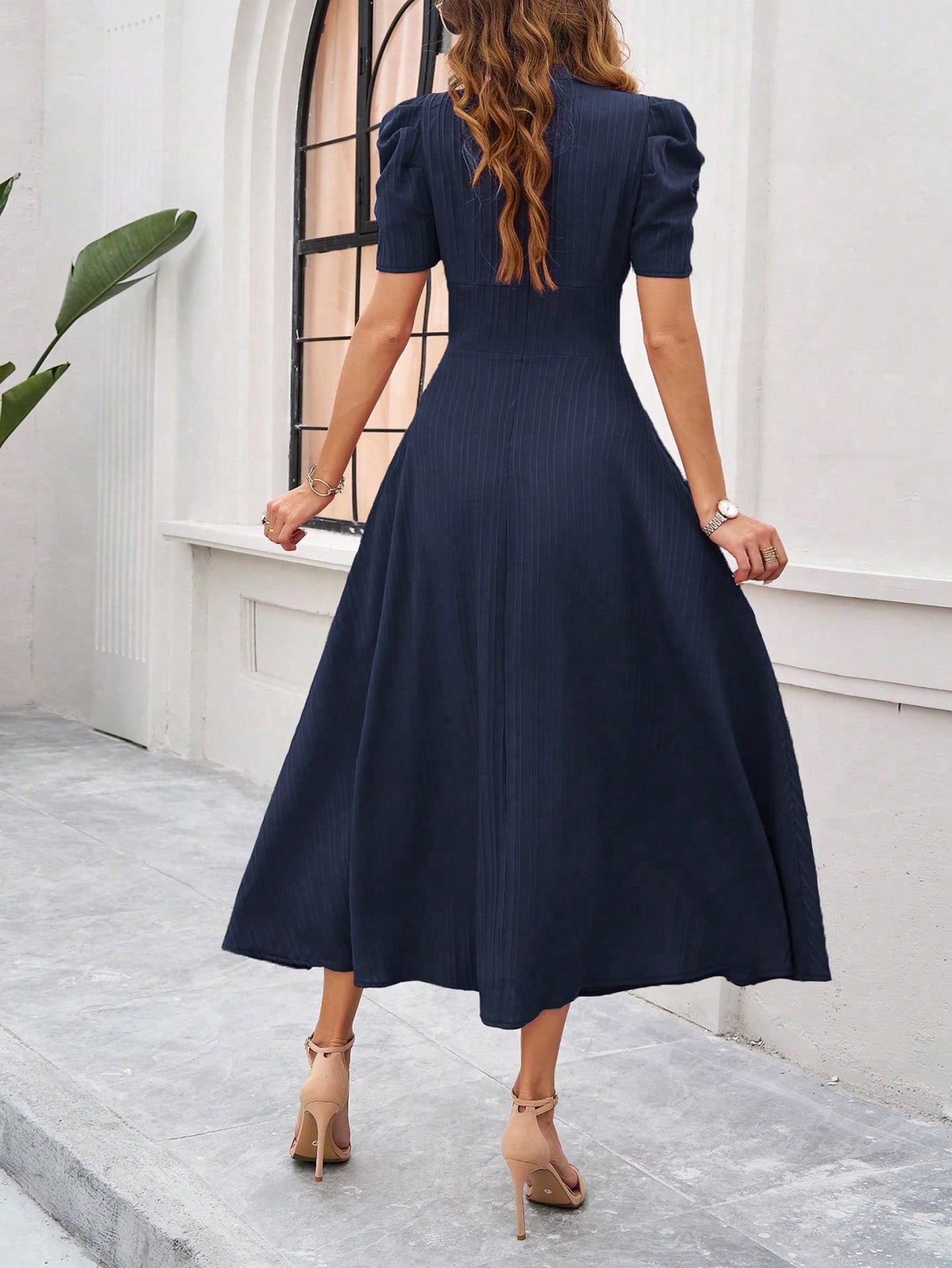 V-Neck Puff Sleeves Fit and Flare Midi Dress